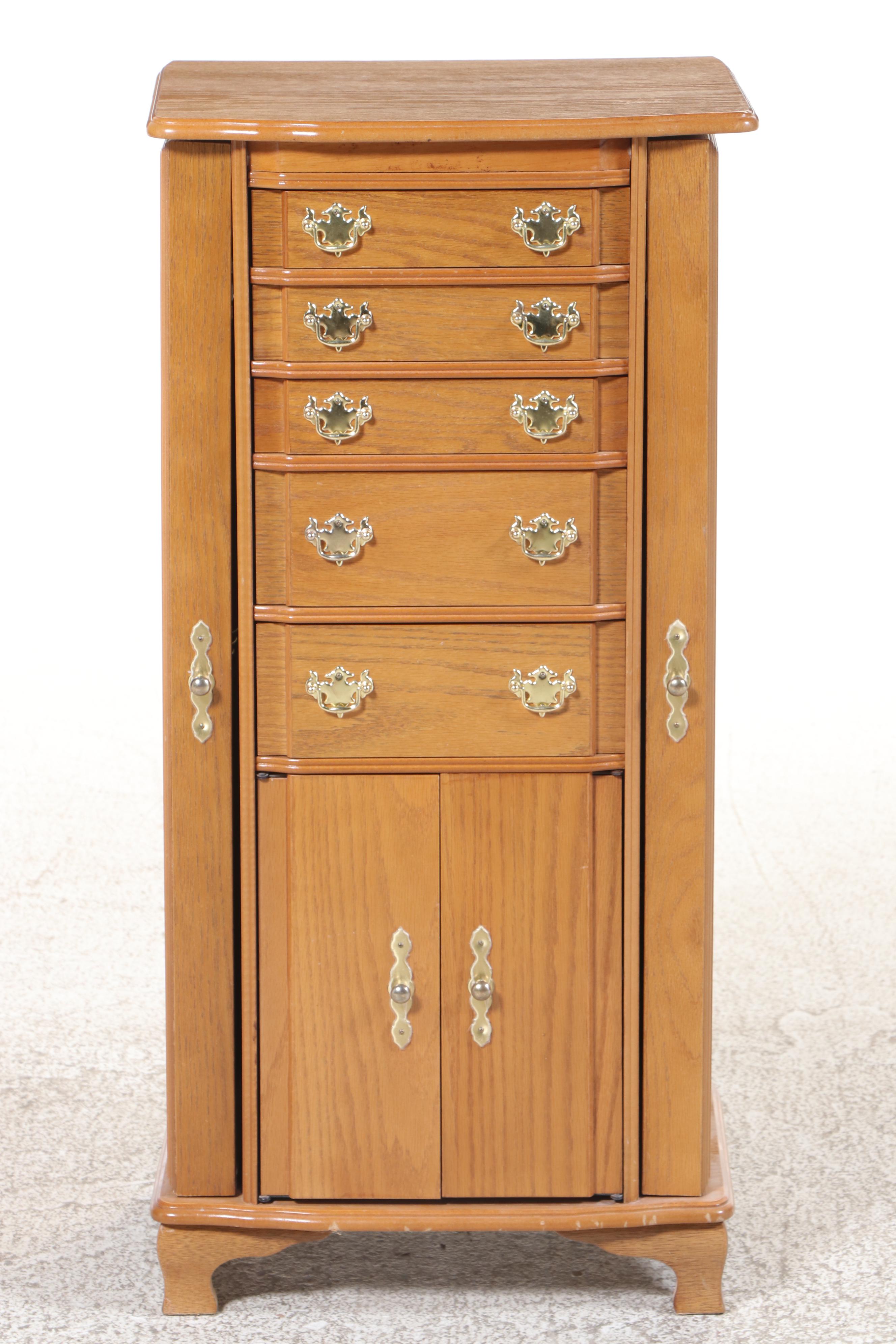 Oak-Veneered Jewelry Armoire, Late 20th Century