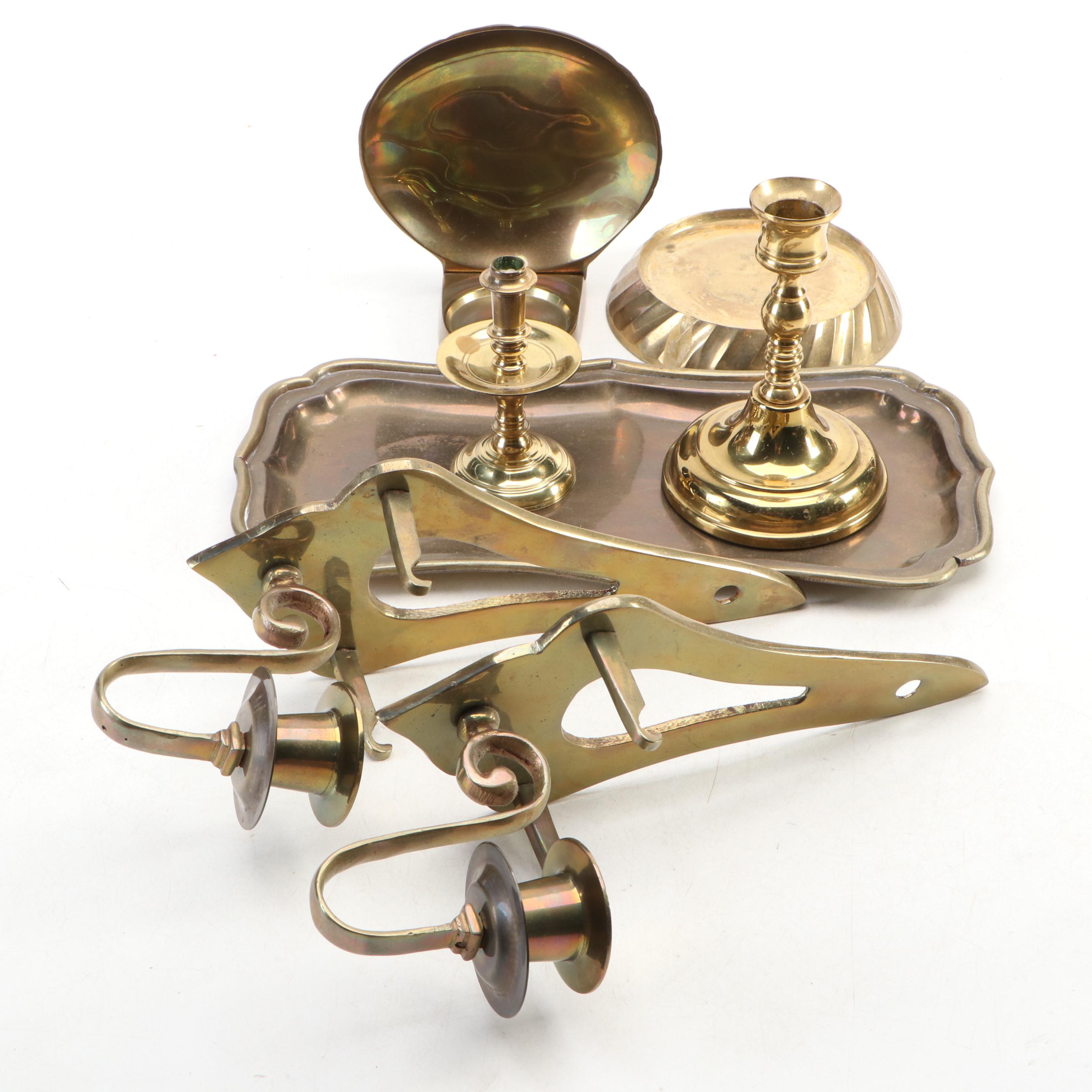 Korean Cast Brass Candle Wall Sconces with Turned Brass Candlesticks and More