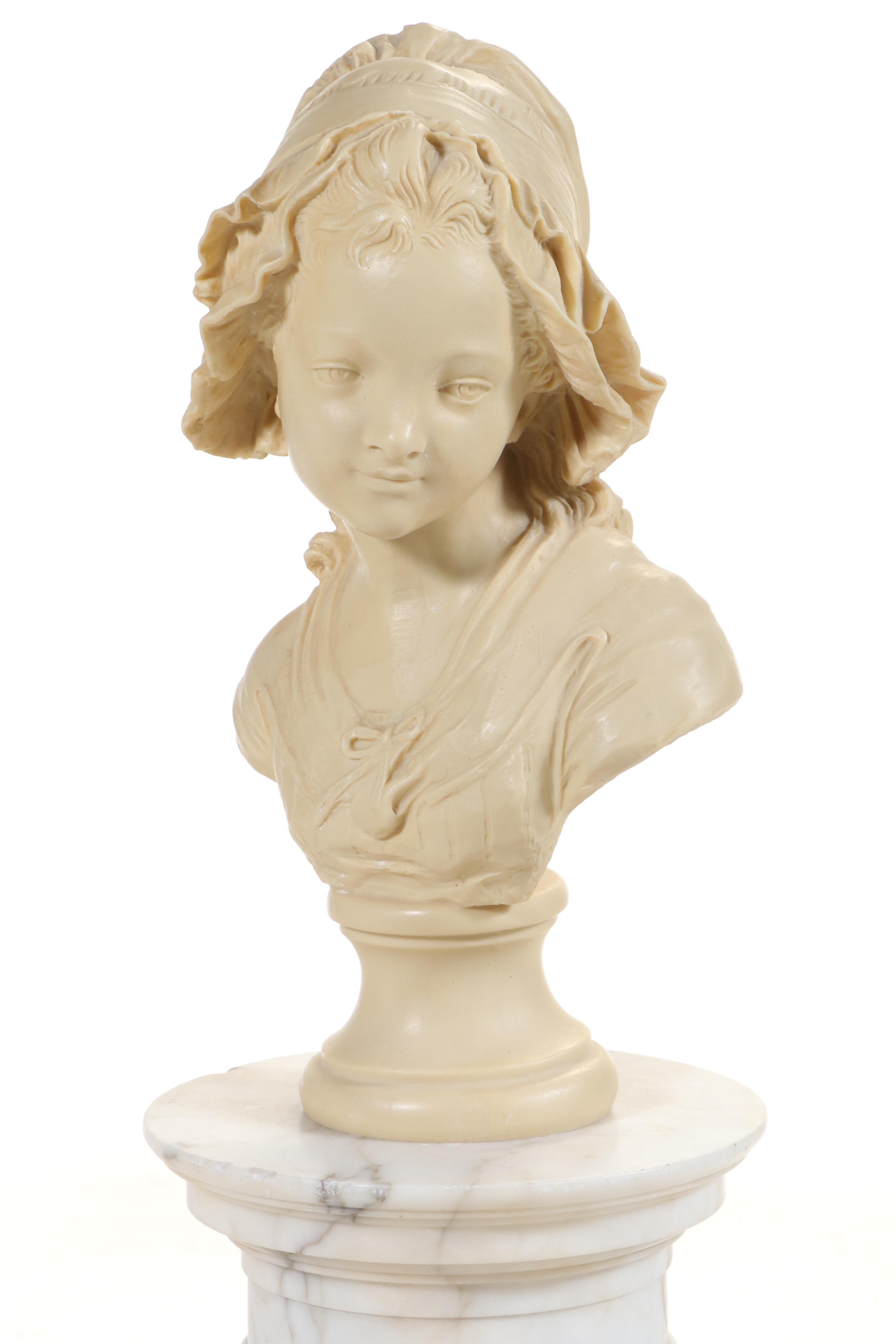 French Cast Plaster Bust after Grinam Niam and Turned Marble Pedestal