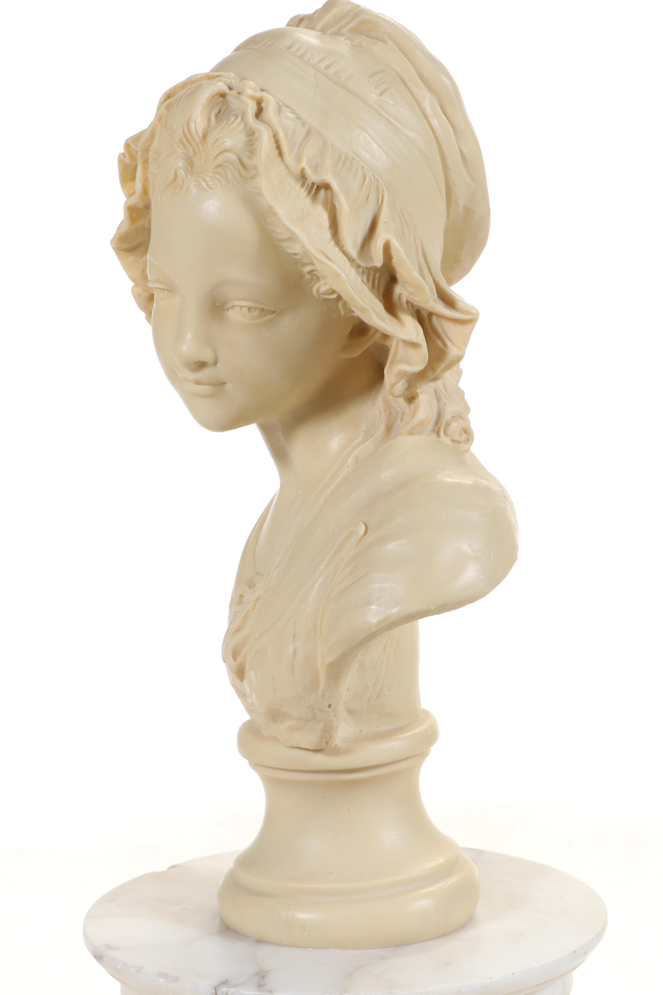 French Cast Plaster Bust after Grinam Niam and Turned Marble Pedestal