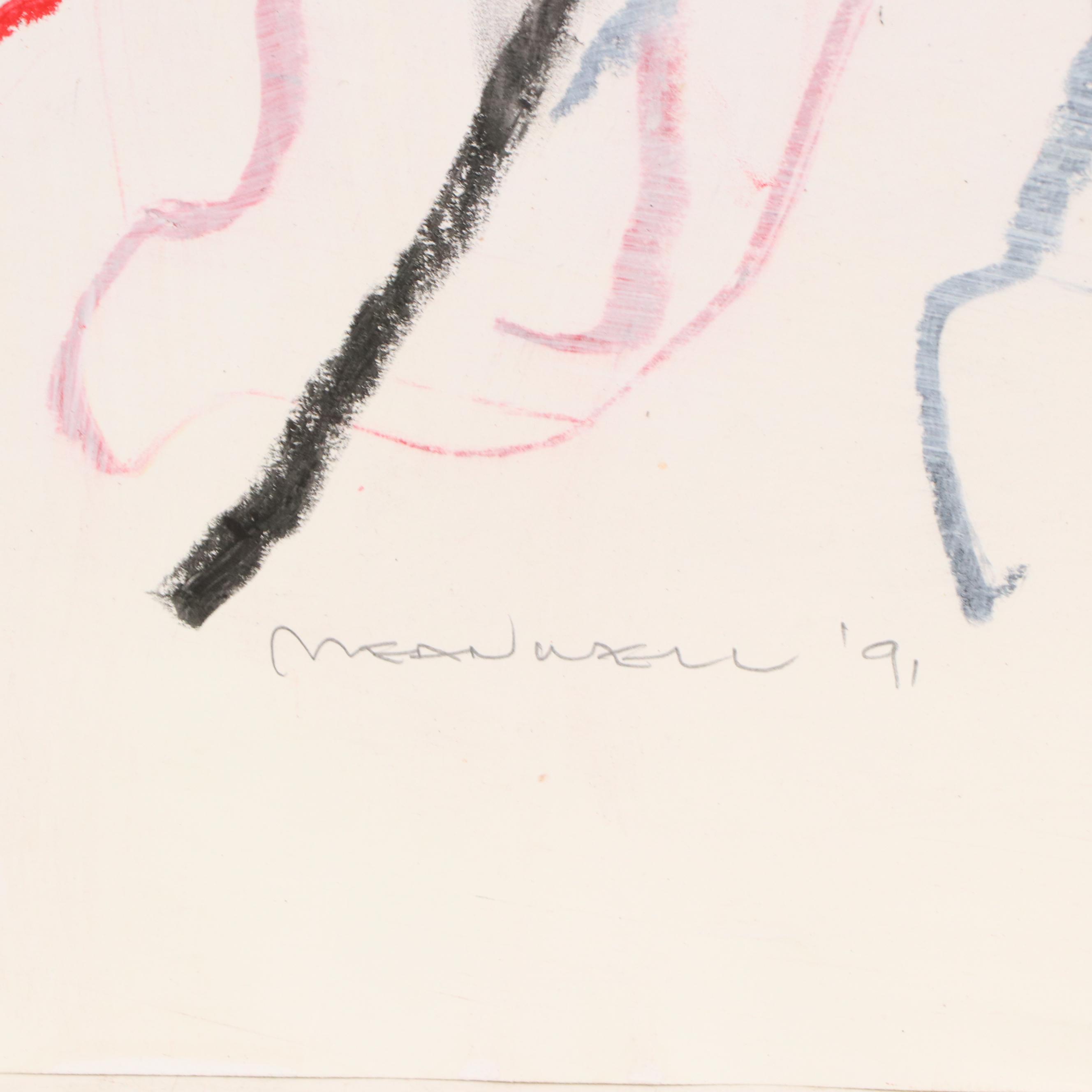 Jack Meanwell Abstract Expressionist Oil Pastel Figure Drawing, 1991