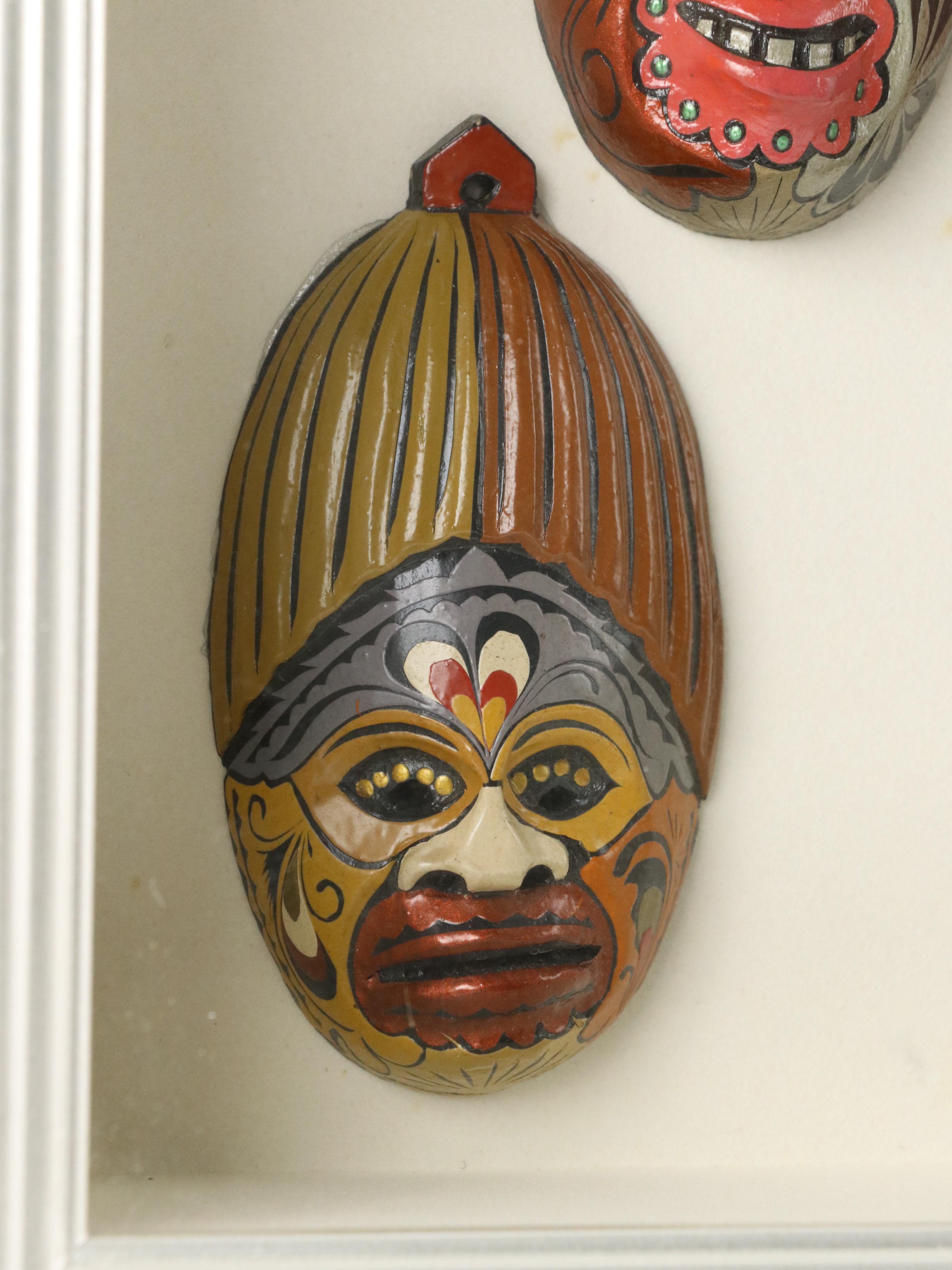 Balinese Cirebon Carnival Style Miniature Papier-Mâché Masks in Shadowbox