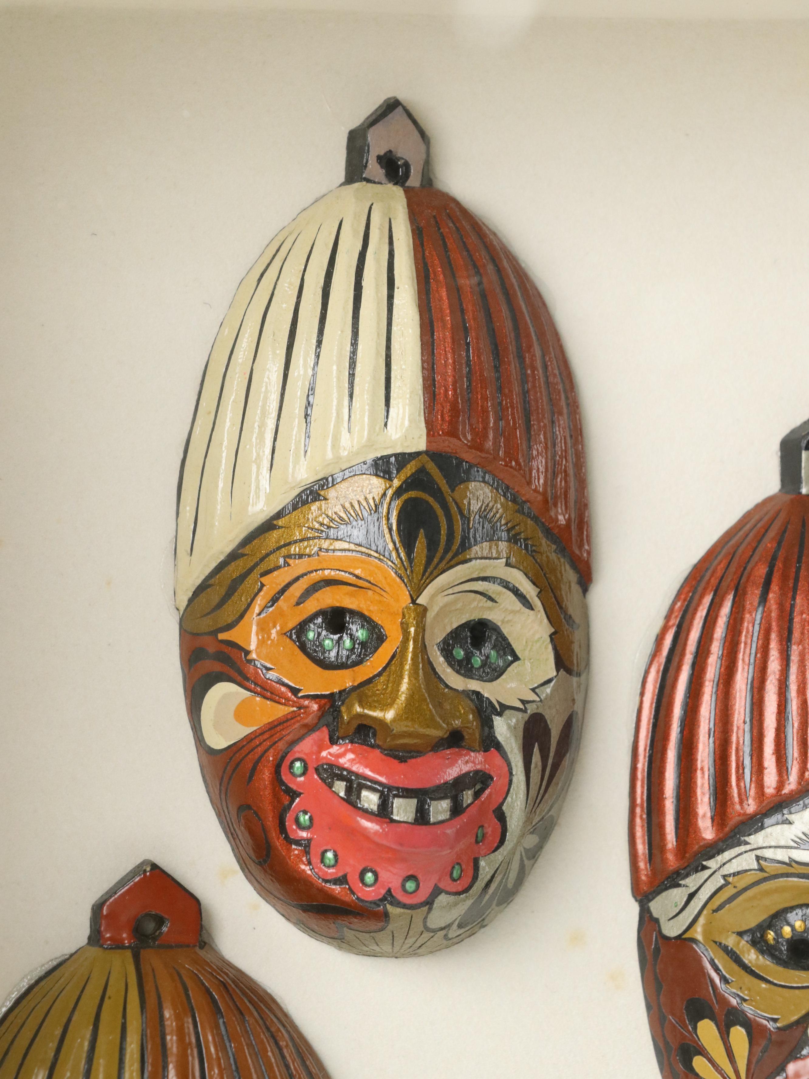 Balinese Cirebon Carnival Style Miniature Papier-Mâché Masks in Shadowbox