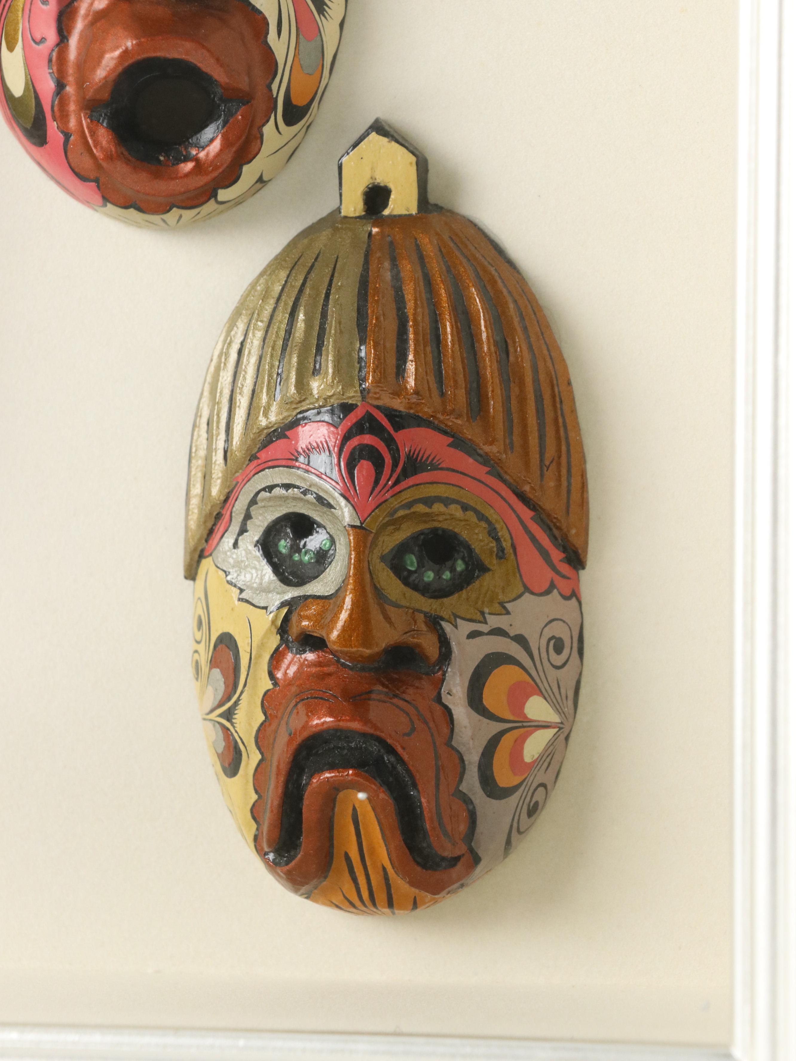 Balinese Cirebon Carnival Style Miniature Papier-Mâché Masks in Shadowbox