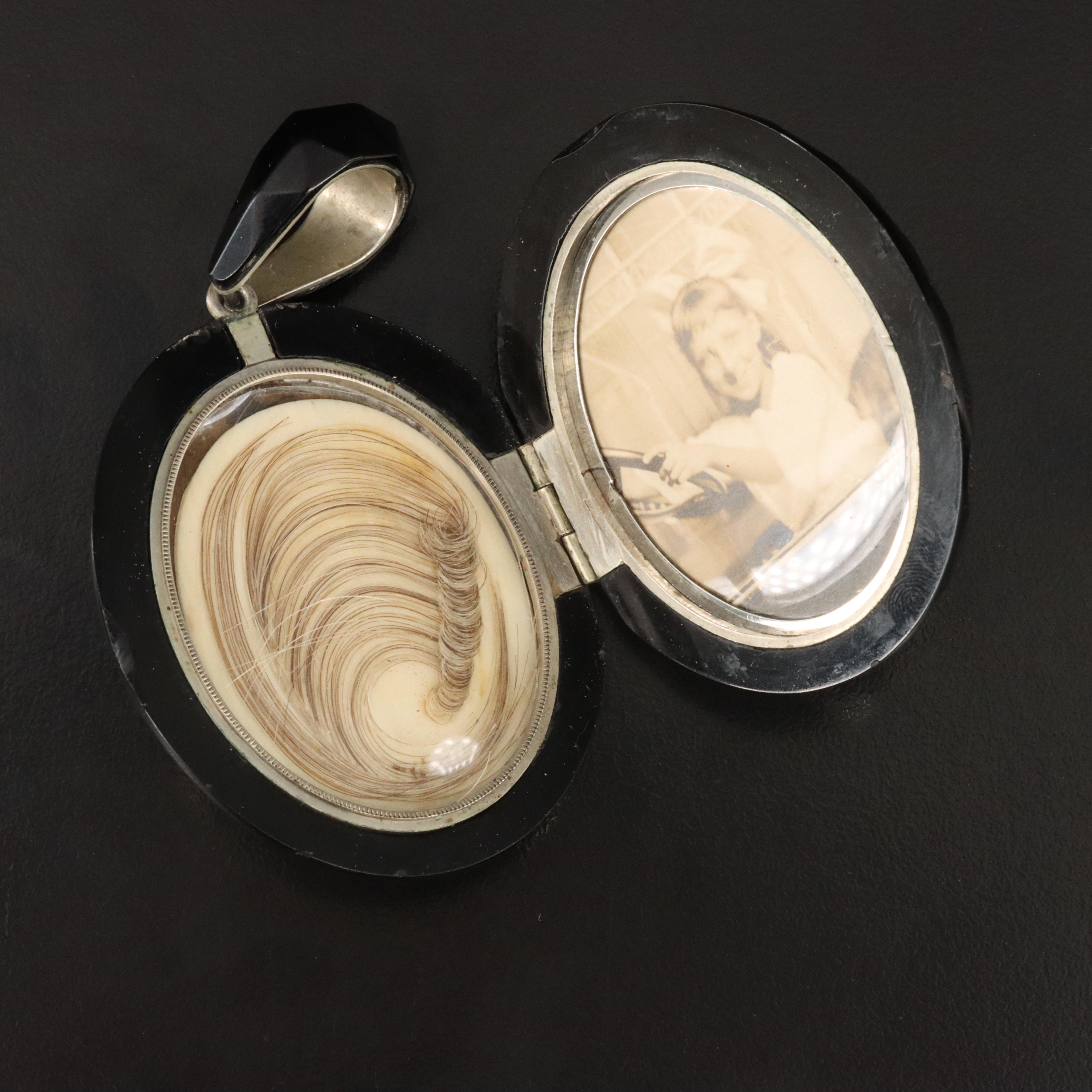 Victorian Jet Mourning Hair and Photo Locket Pendant