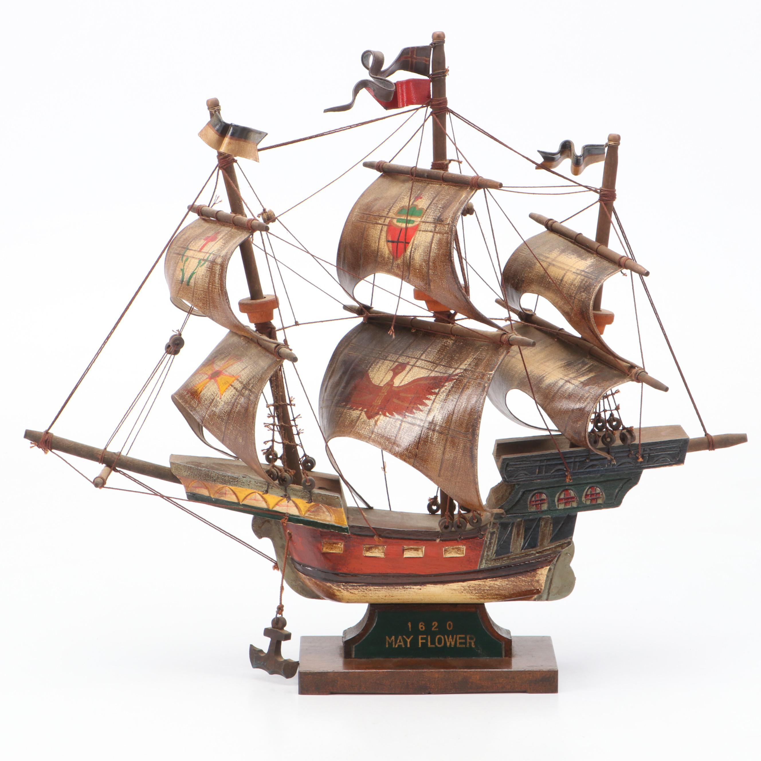 W. Britain Ltd. Cast Metal Soldiers with Polychrome Carved Wood "Mayflower" Ship