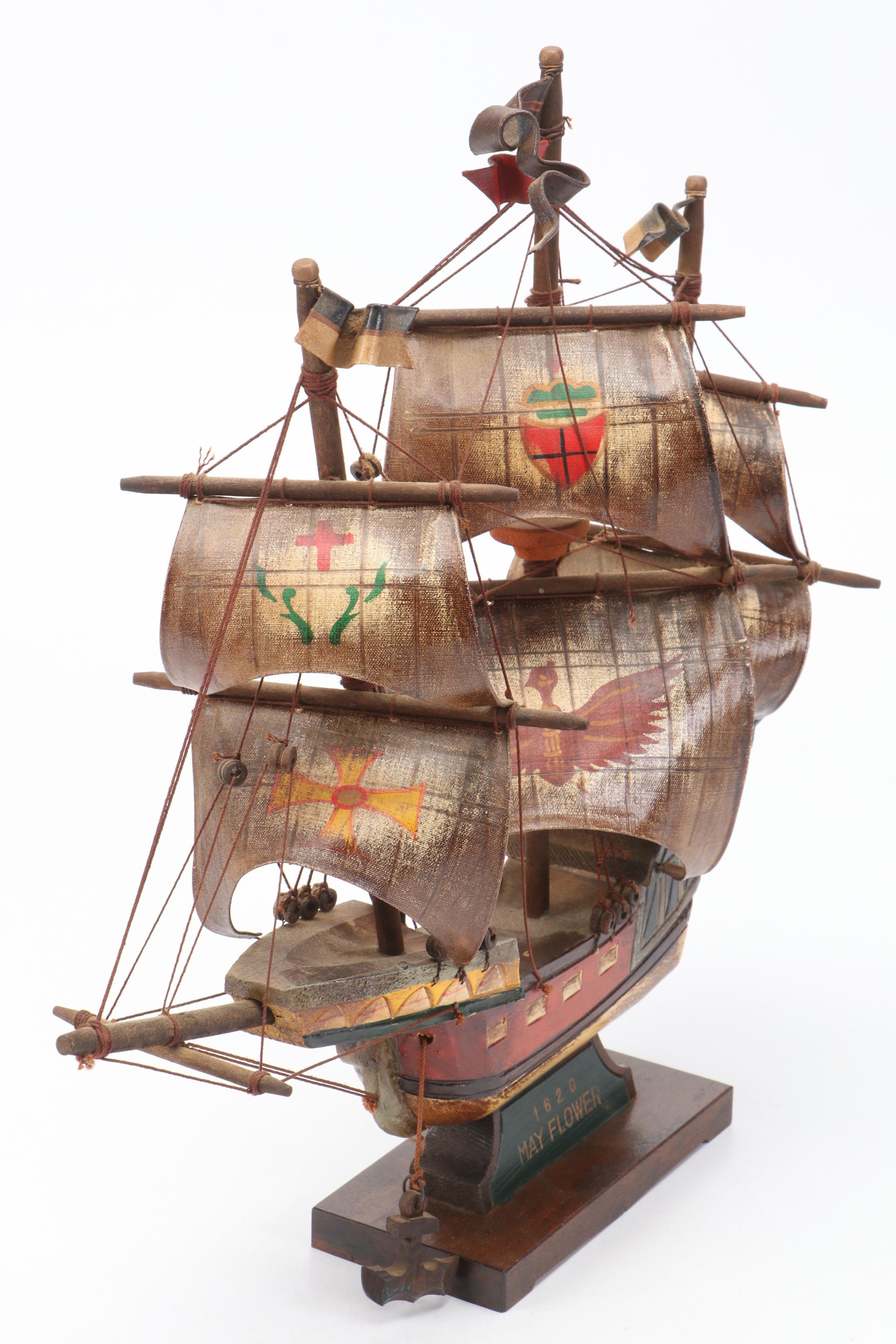 W. Britain Ltd. Cast Metal Soldiers with Polychrome Carved Wood "Mayflower" Ship