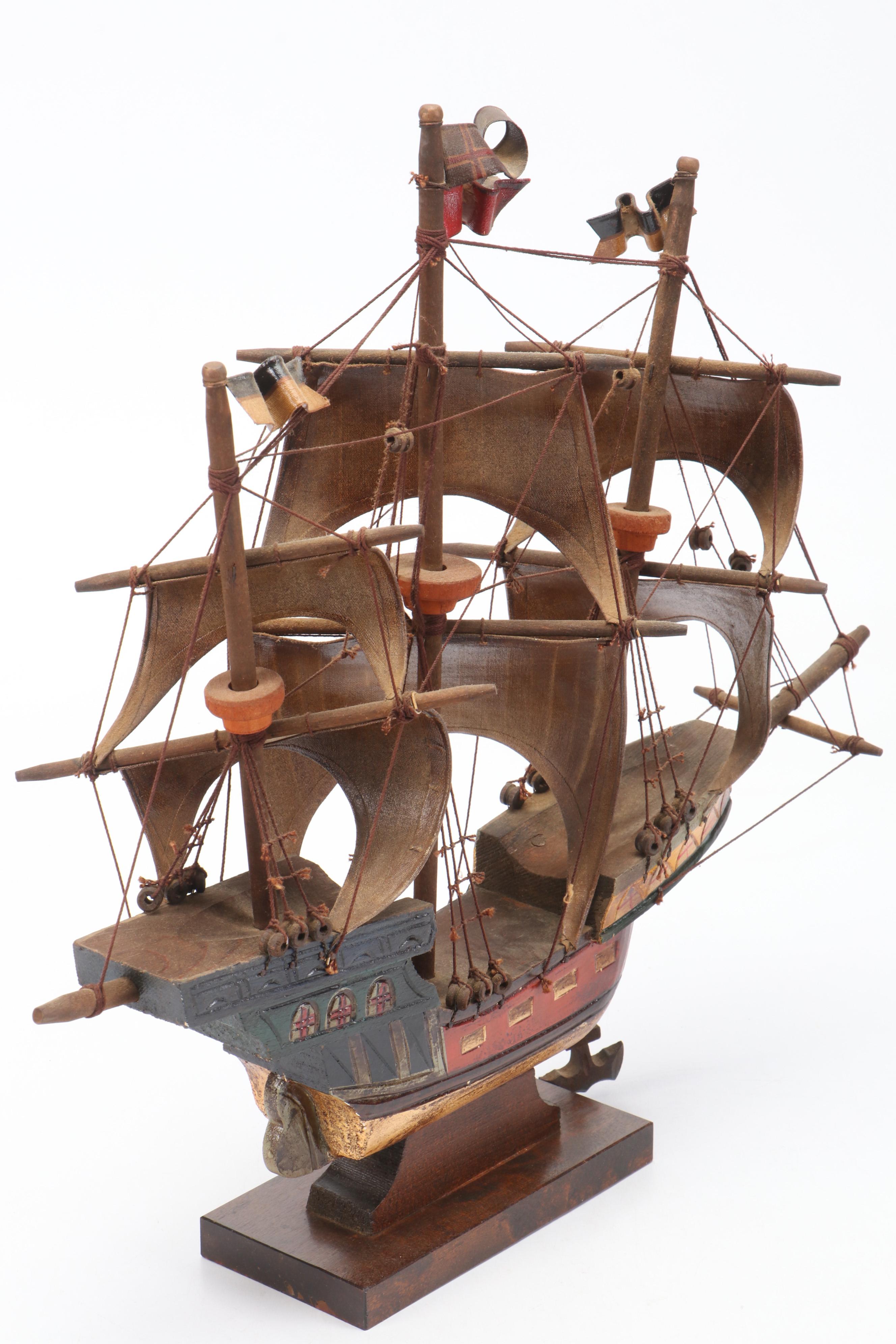 W. Britain Ltd. Cast Metal Soldiers with Polychrome Carved Wood "Mayflower" Ship