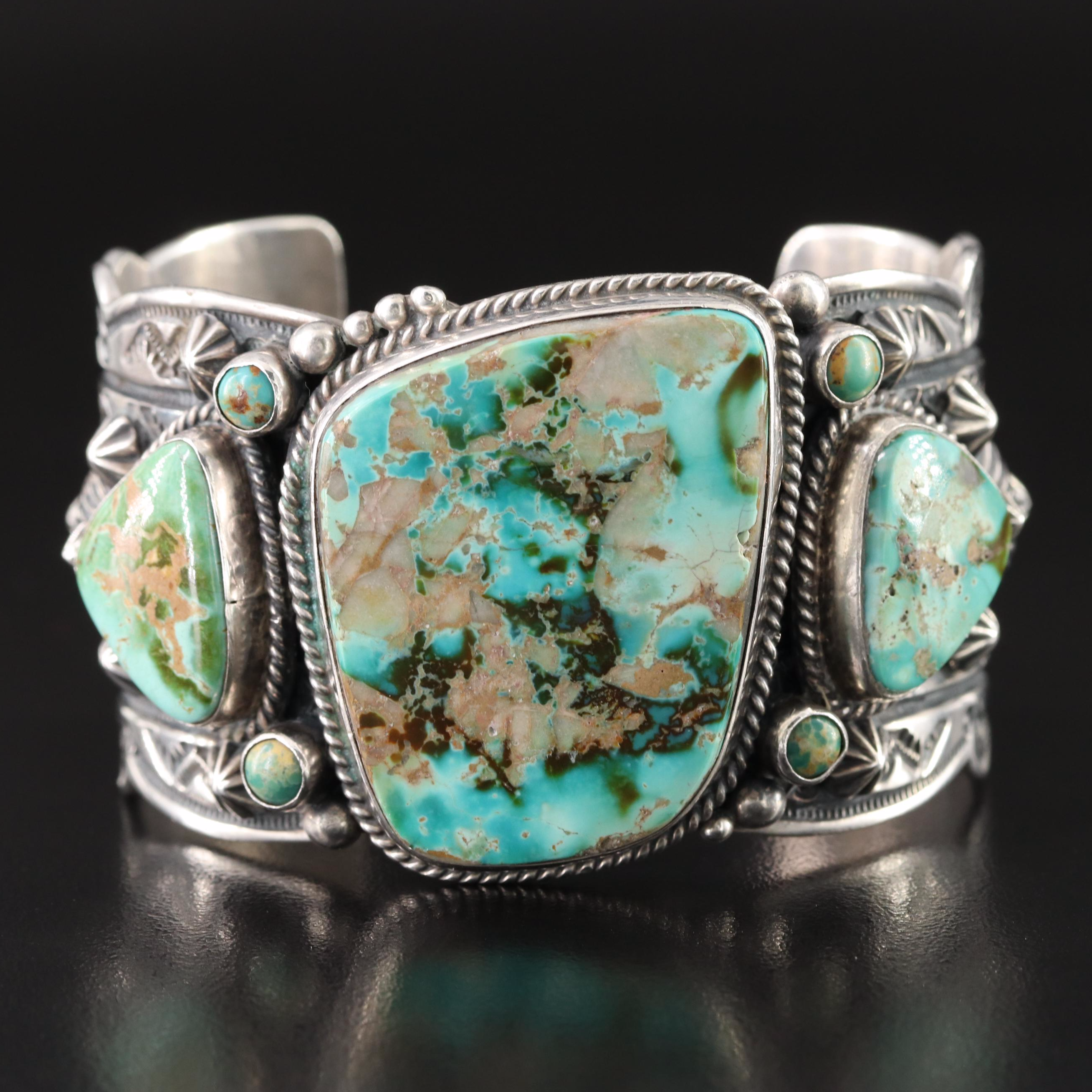 Southwestern Sterling Turquoise Cuff with Stampwork