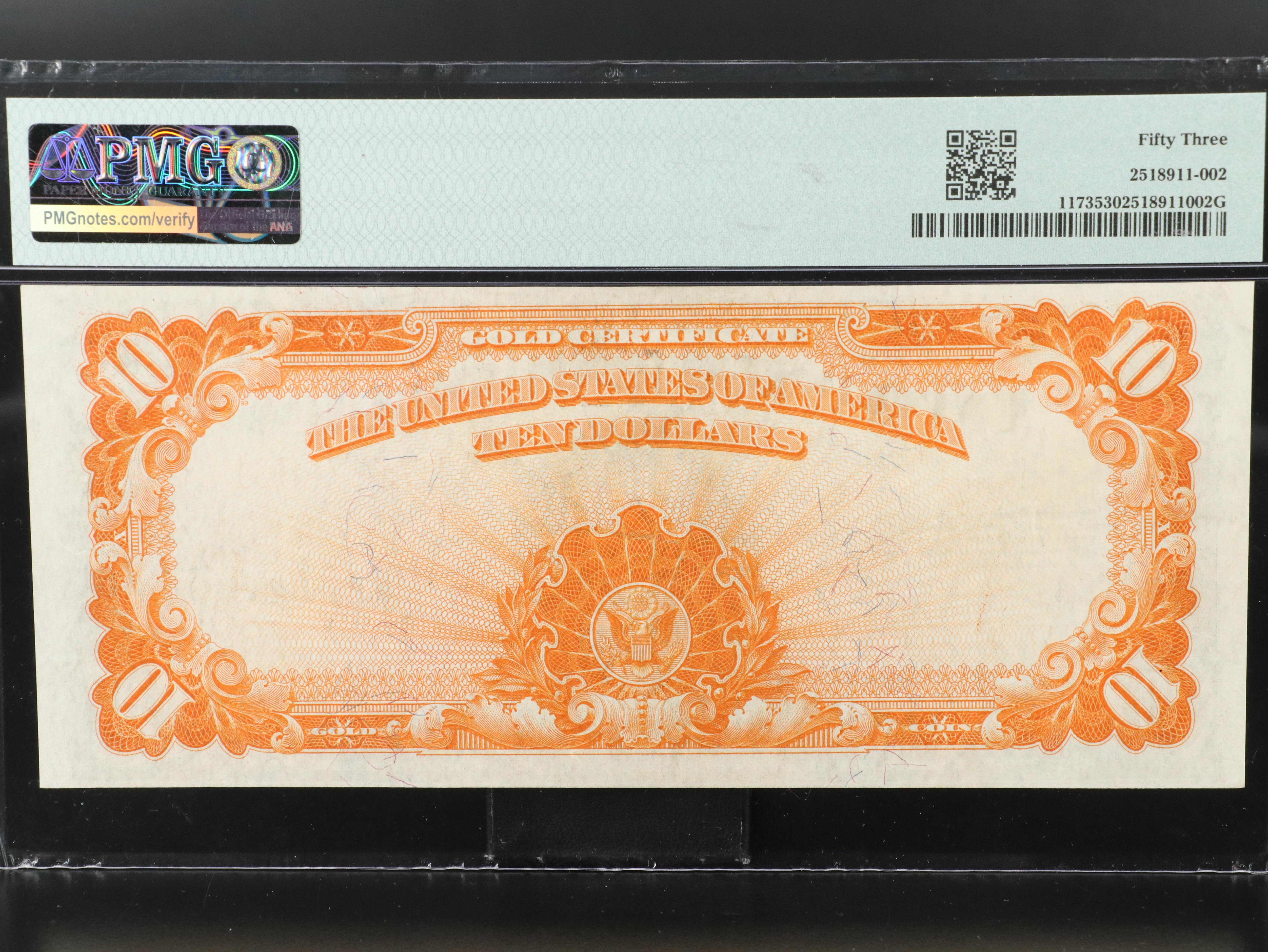 PMG AU 53 1922 $10 Large Size United States Gold Certificate