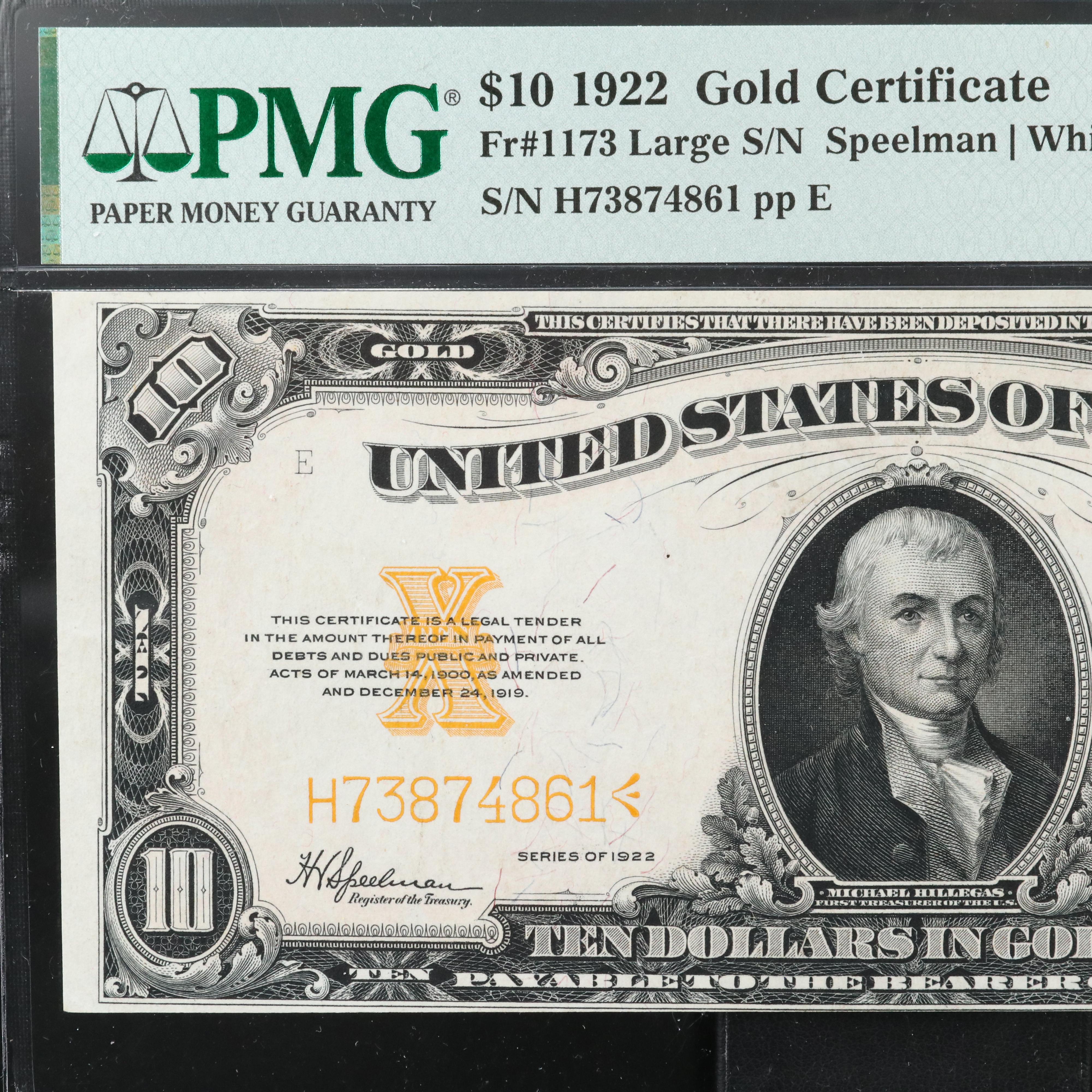 PMG AU 53 1922 $10 Large Size United States Gold Certificate