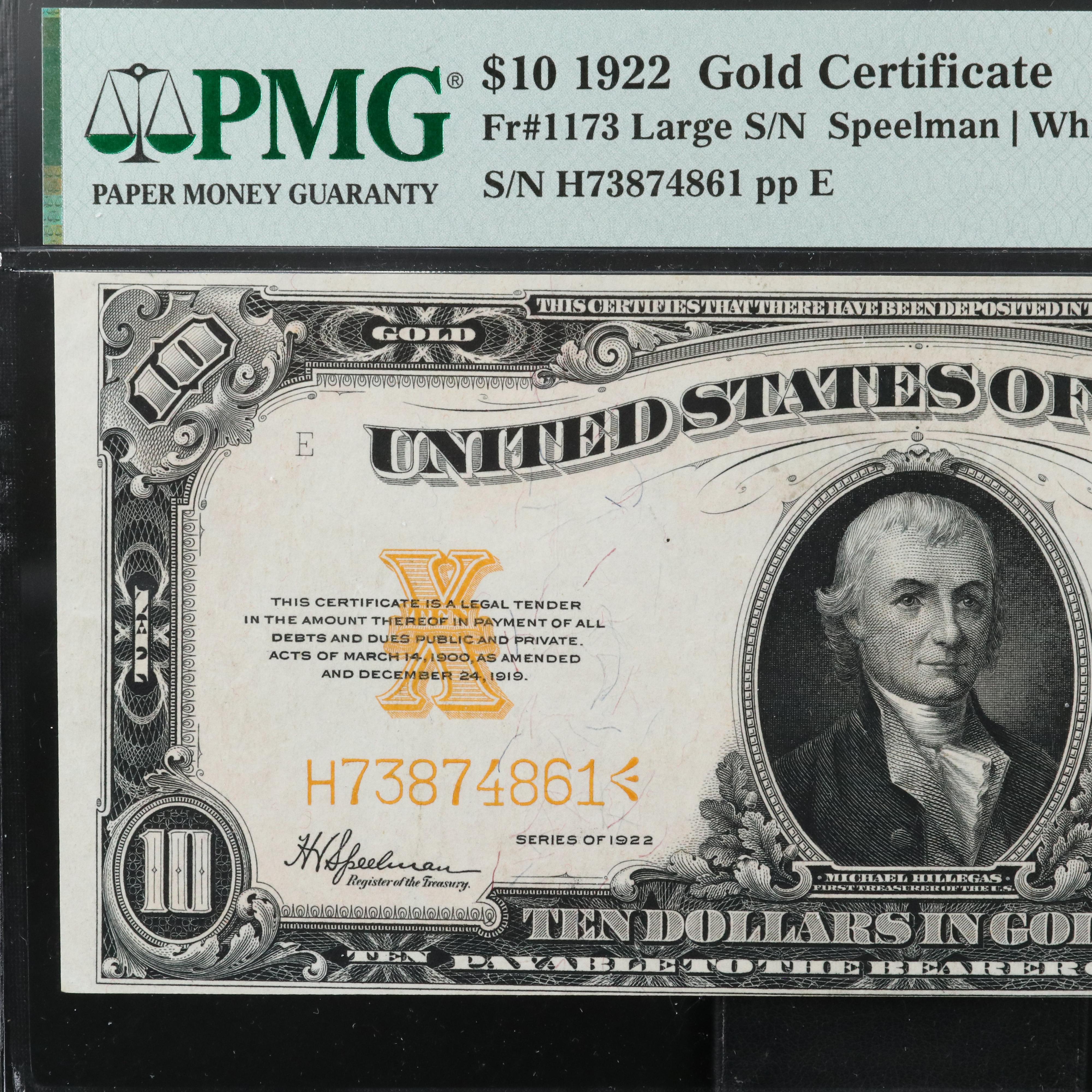 PMG AU 53 1922 $10 Large Size United States Gold Certificate