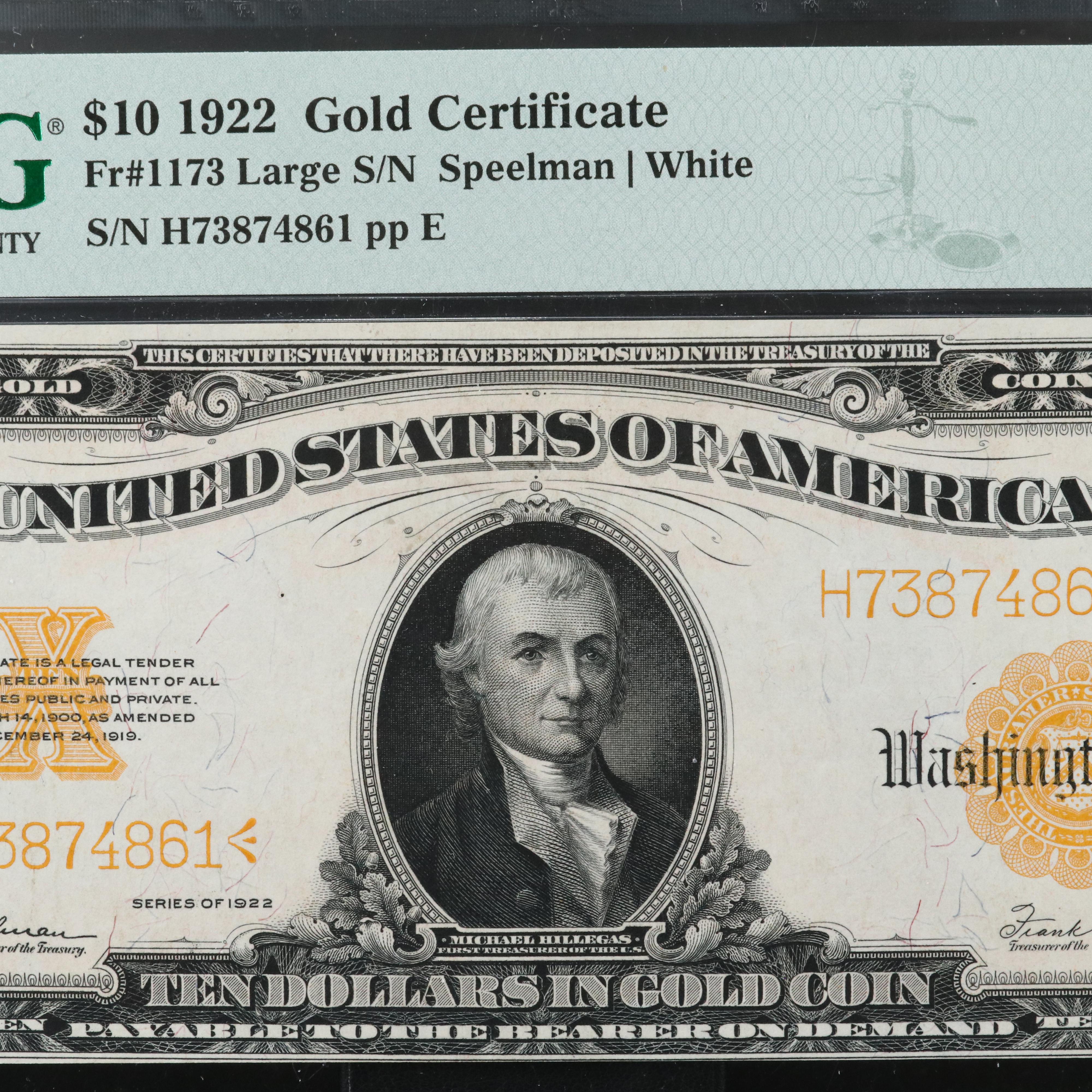 PMG AU 53 1922 $10 Large Size United States Gold Certificate