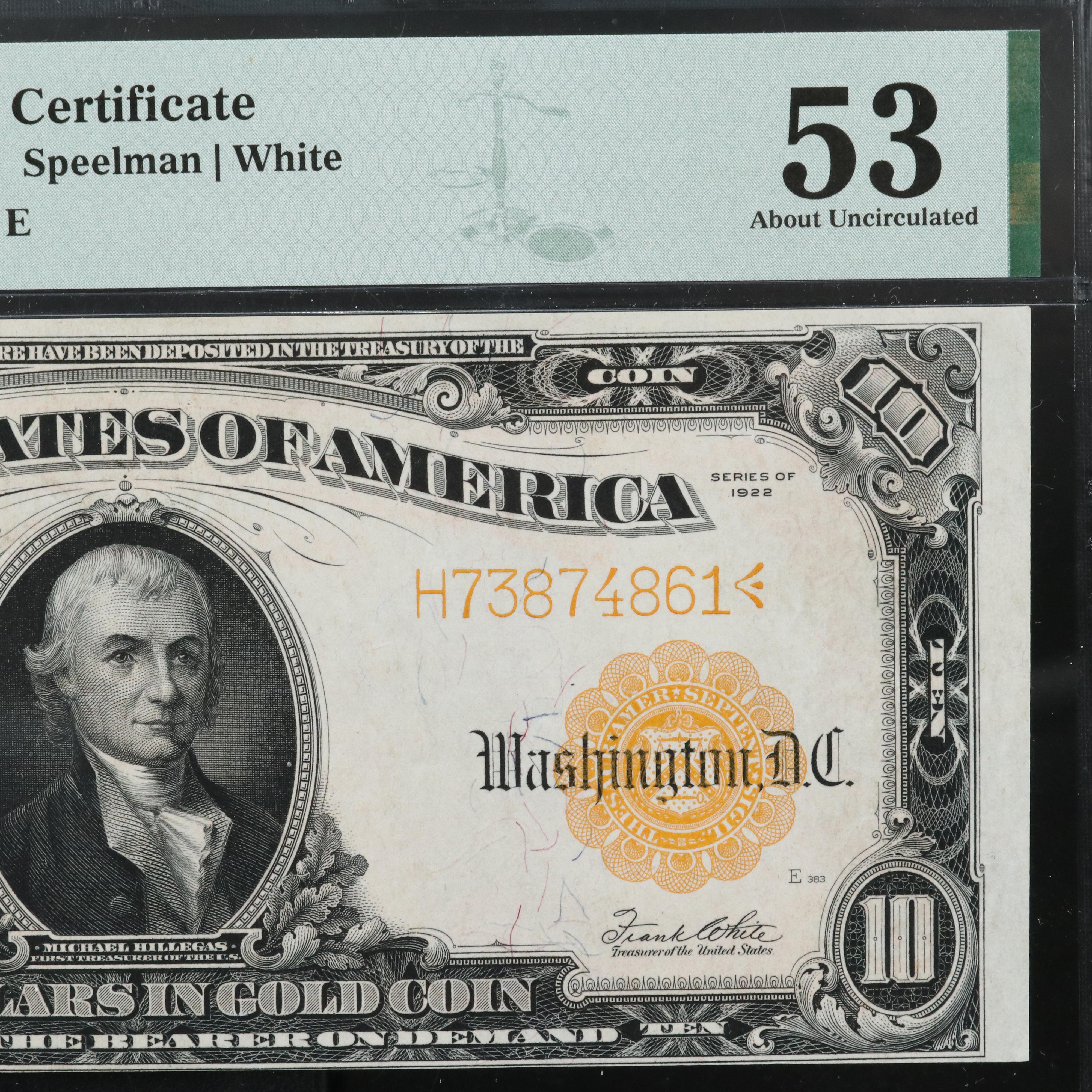 PMG AU 53 1922 $10 Large Size United States Gold Certificate