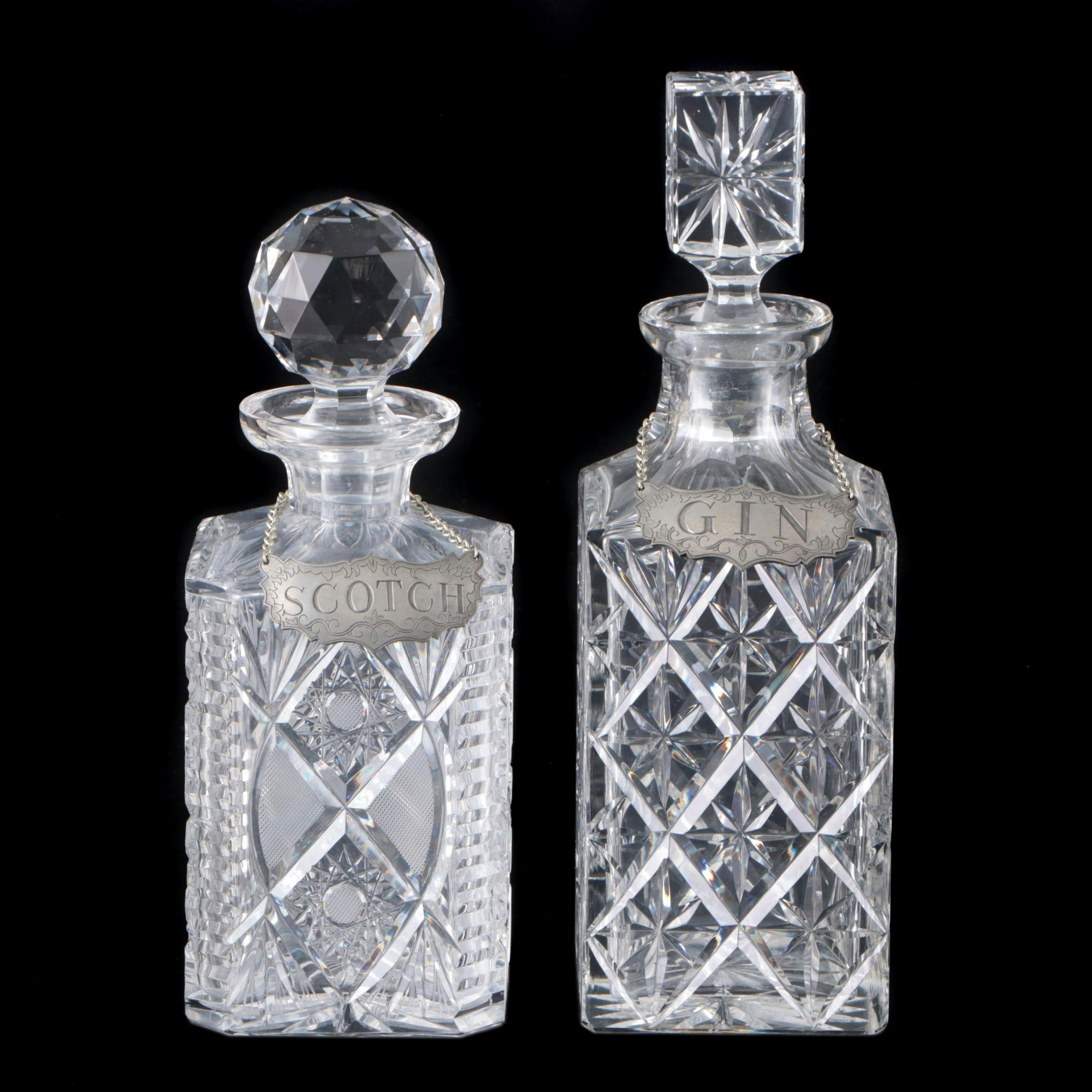 Cut Crystal Decanters with Stieff Pewter Decanter Tags