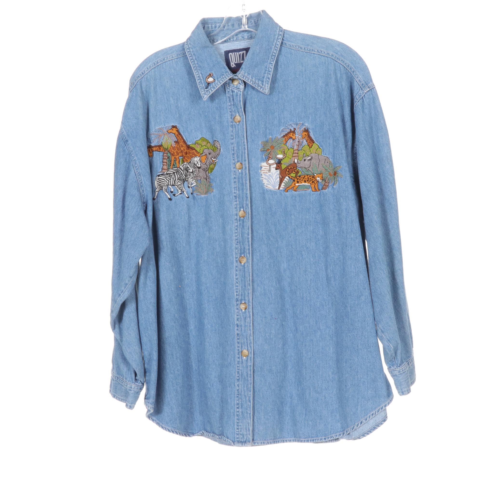 Knit Blanket Blazer and Embroidered Denim Safari Shirt with Hooded Denim Jacket