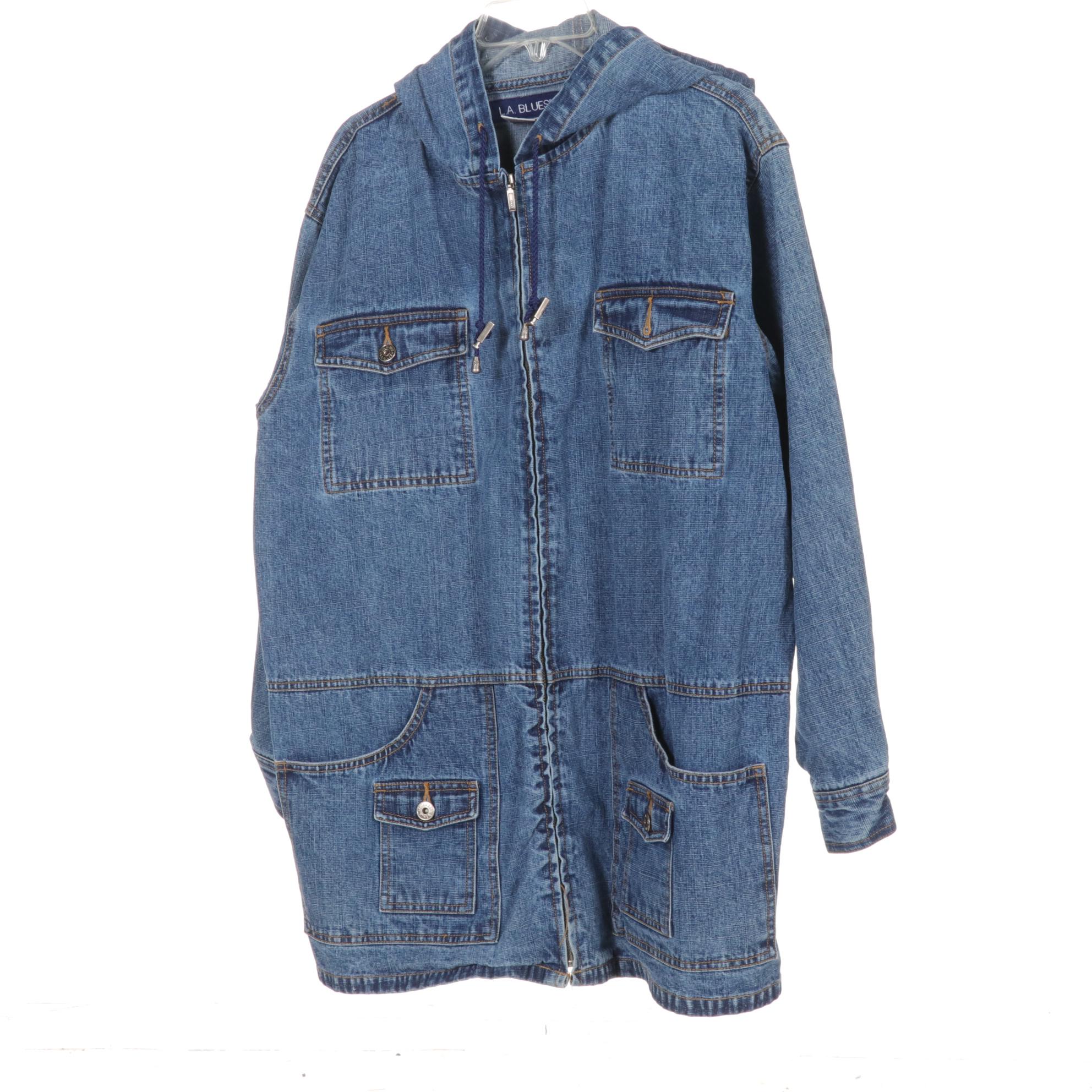 Knit Blanket Blazer and Embroidered Denim Safari Shirt with Hooded Denim Jacket