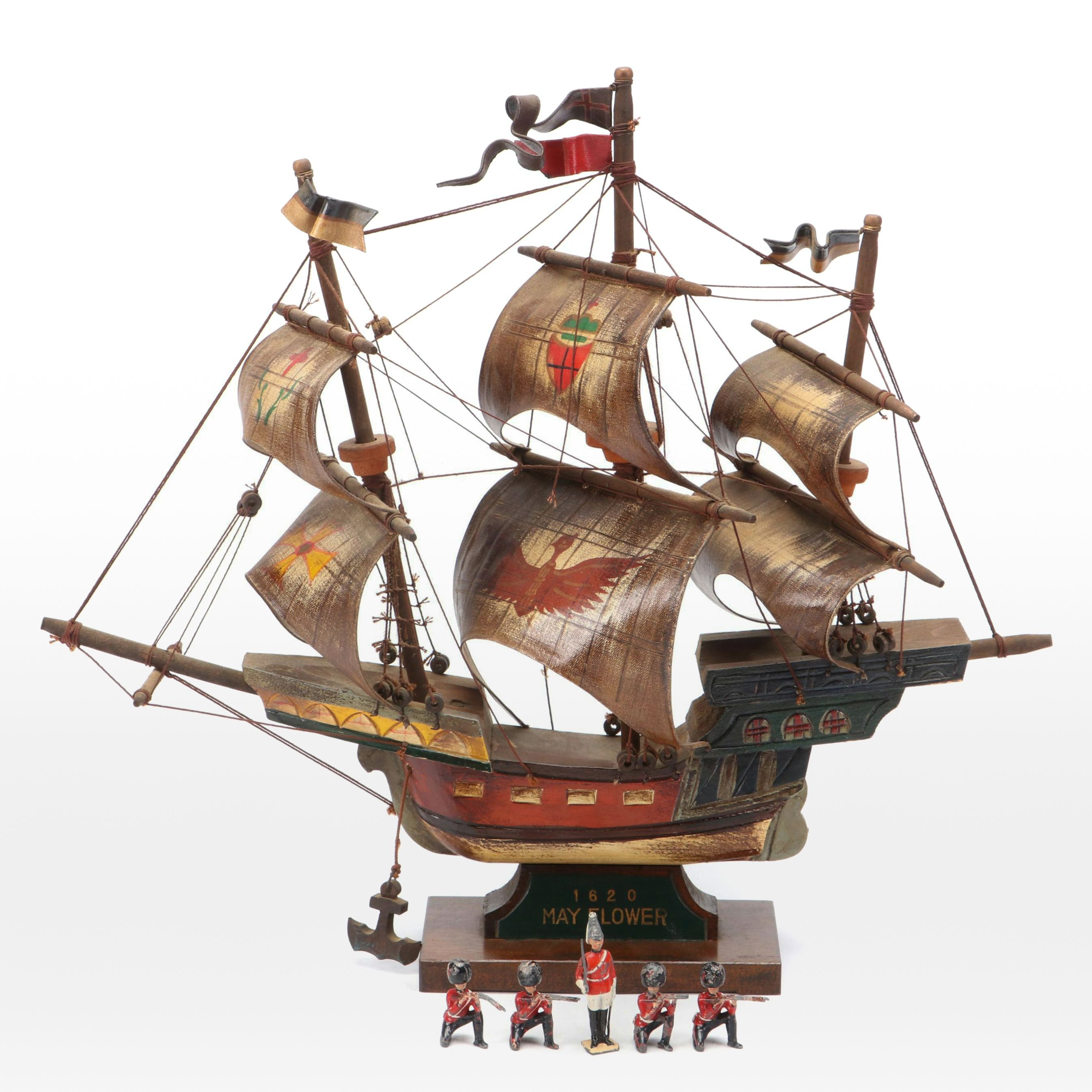 W. Britain Ltd. Cast Metal Soldiers with Polychrome Carved Wood "Mayflower" Ship