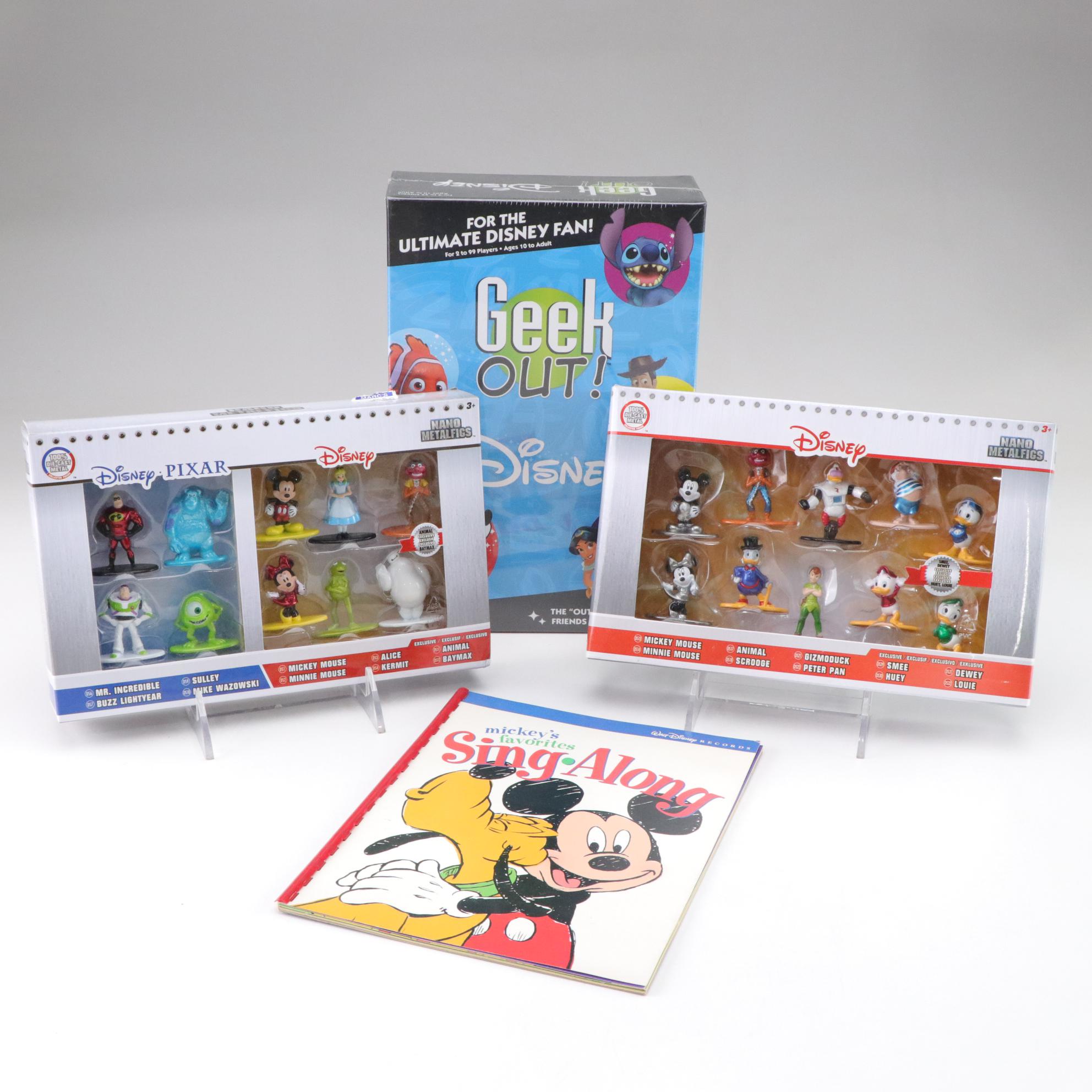 Disney Fan Trivia Game With Two Boxes of Nano Metalfigs and Sing Along Book