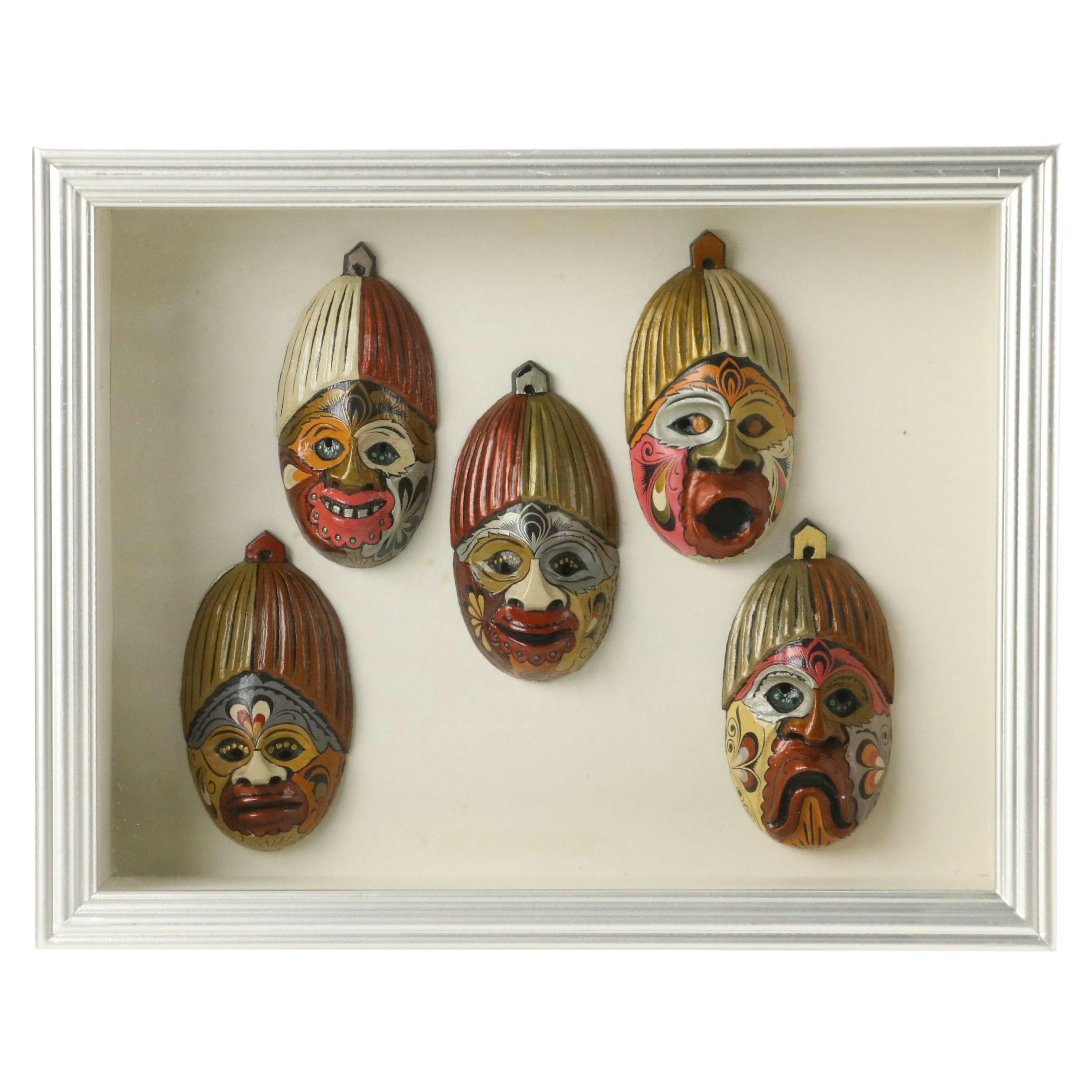 Balinese Cirebon Carnival Style Miniature Papier-Mâché Masks in Shadowbox