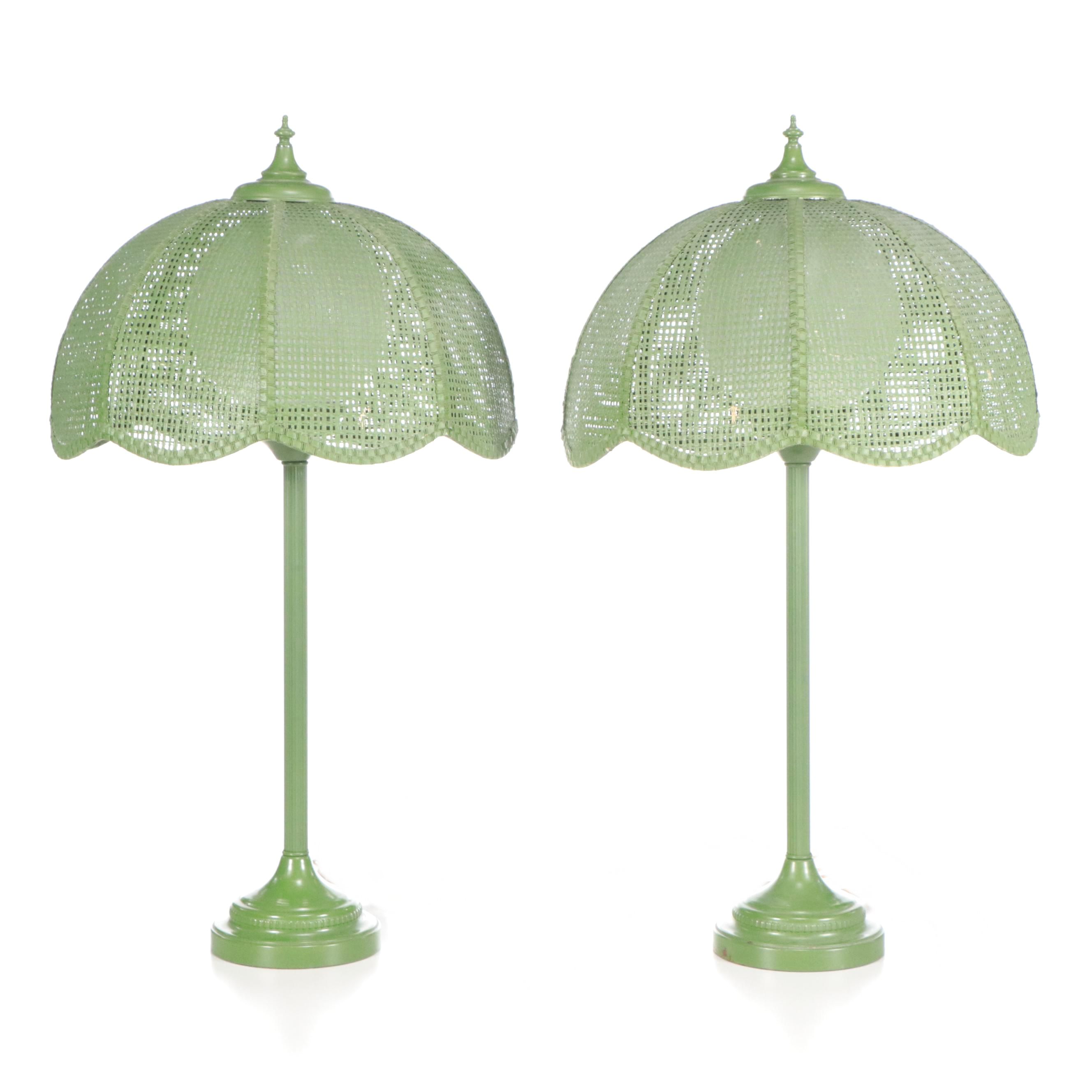 Painted Metal Table Lamp Pair with Paper Rush Wicker Shades