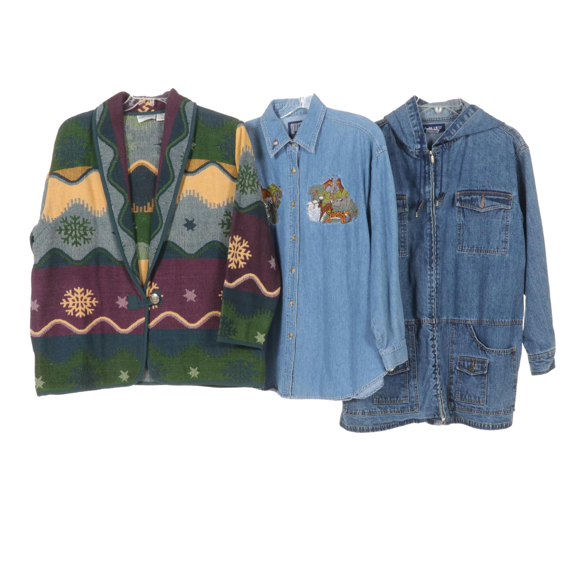 Knit Blanket Blazer and Embroidered Denim Safari Shirt with Hooded Denim Jacket