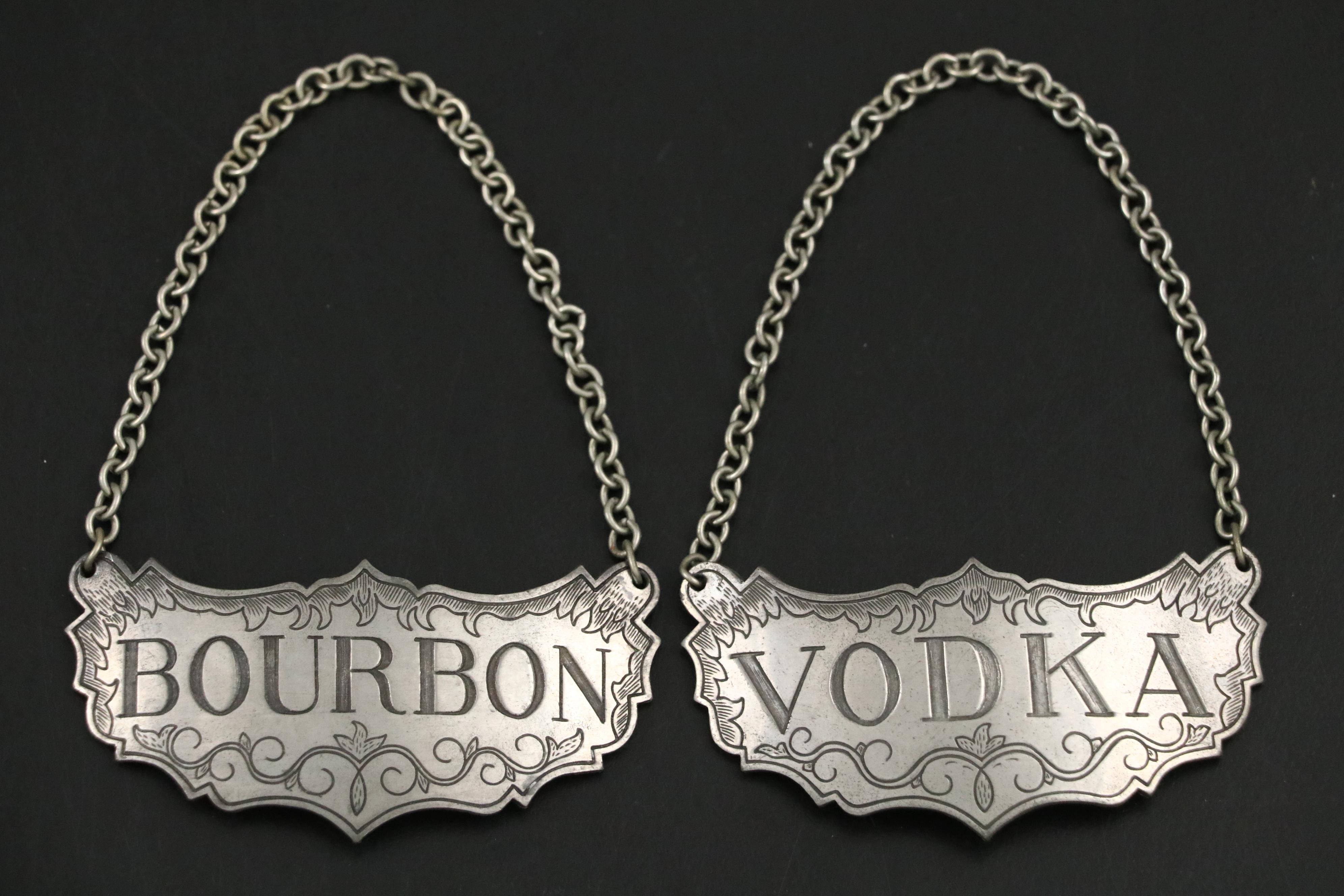 Stieff "Historic Newport" Pewter Decanter Tags with Crystal Decanters