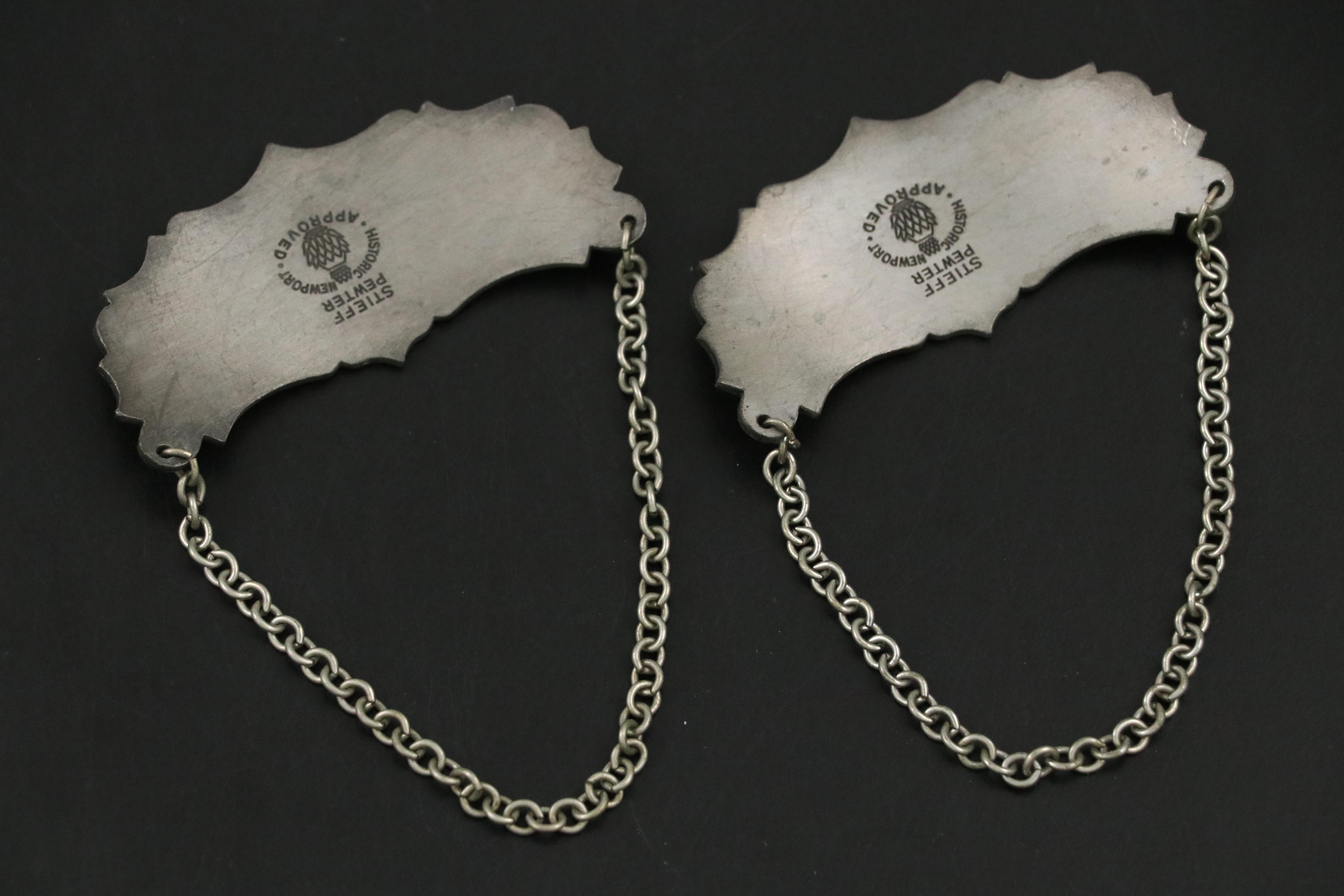 Stieff "Historic Newport" Pewter Decanter Tags with Crystal Decanters