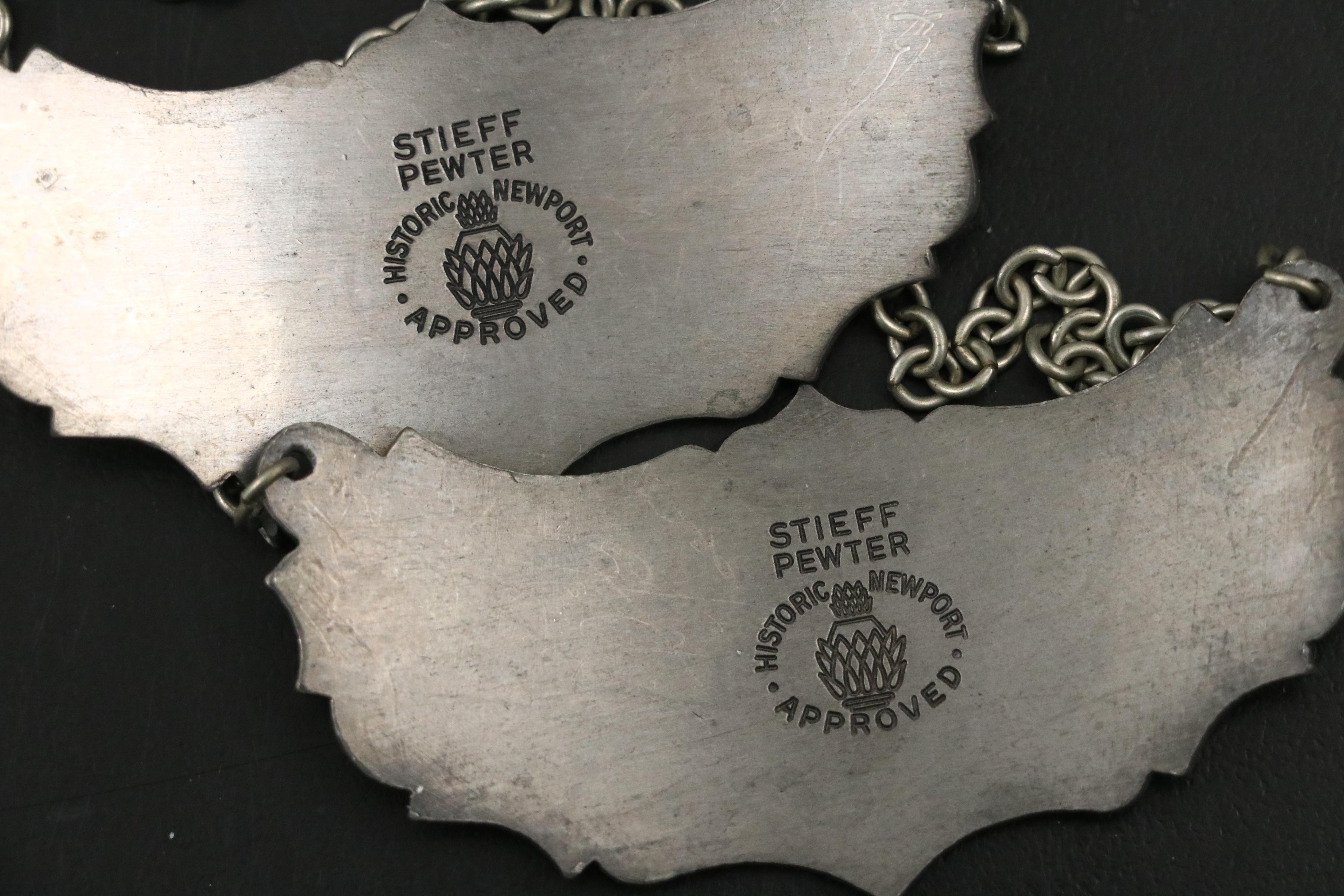 Stieff "Historic Newport" Pewter Decanter Tags with Crystal Decanters