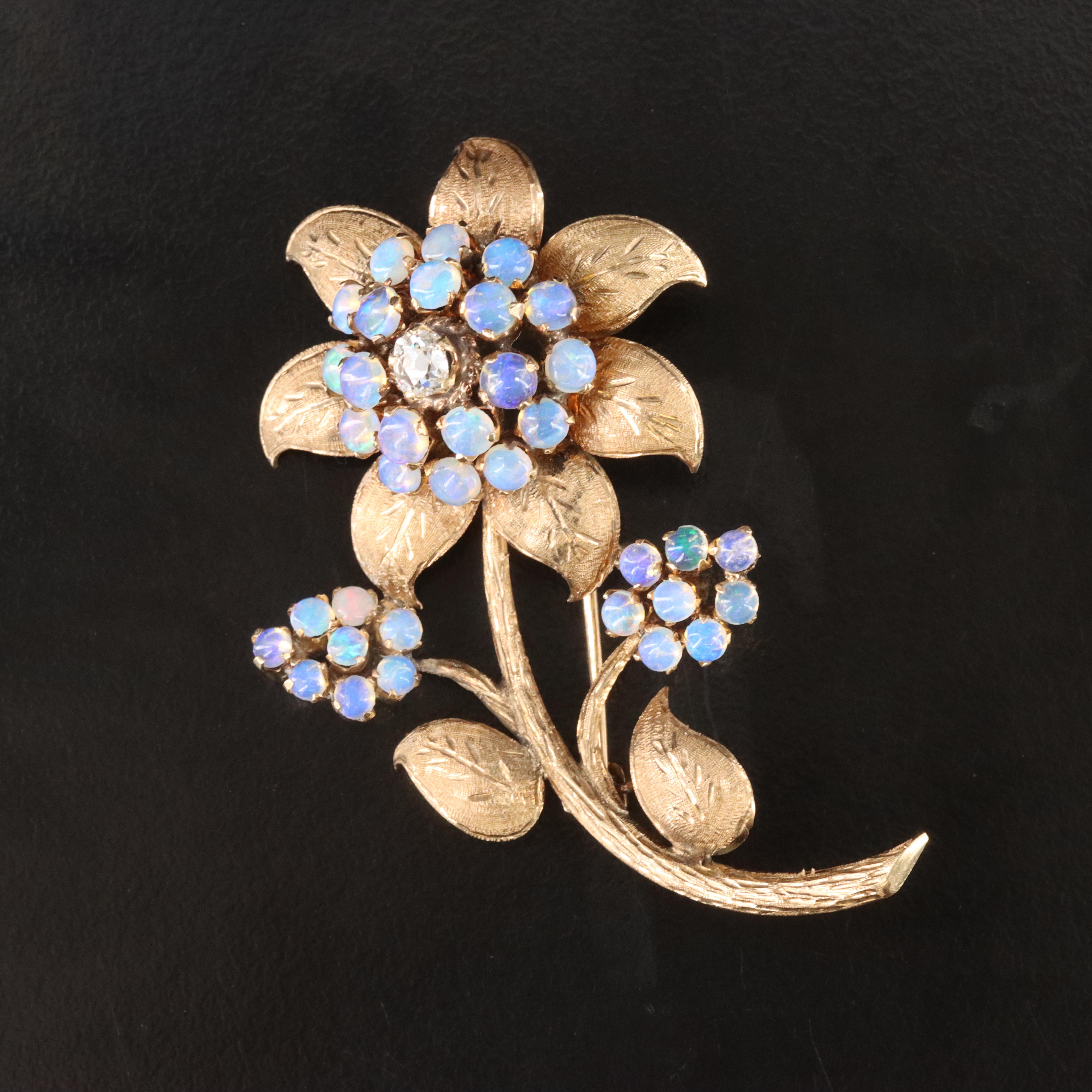 10K Old Mine Cut Diamond and Opal Flower Brooch