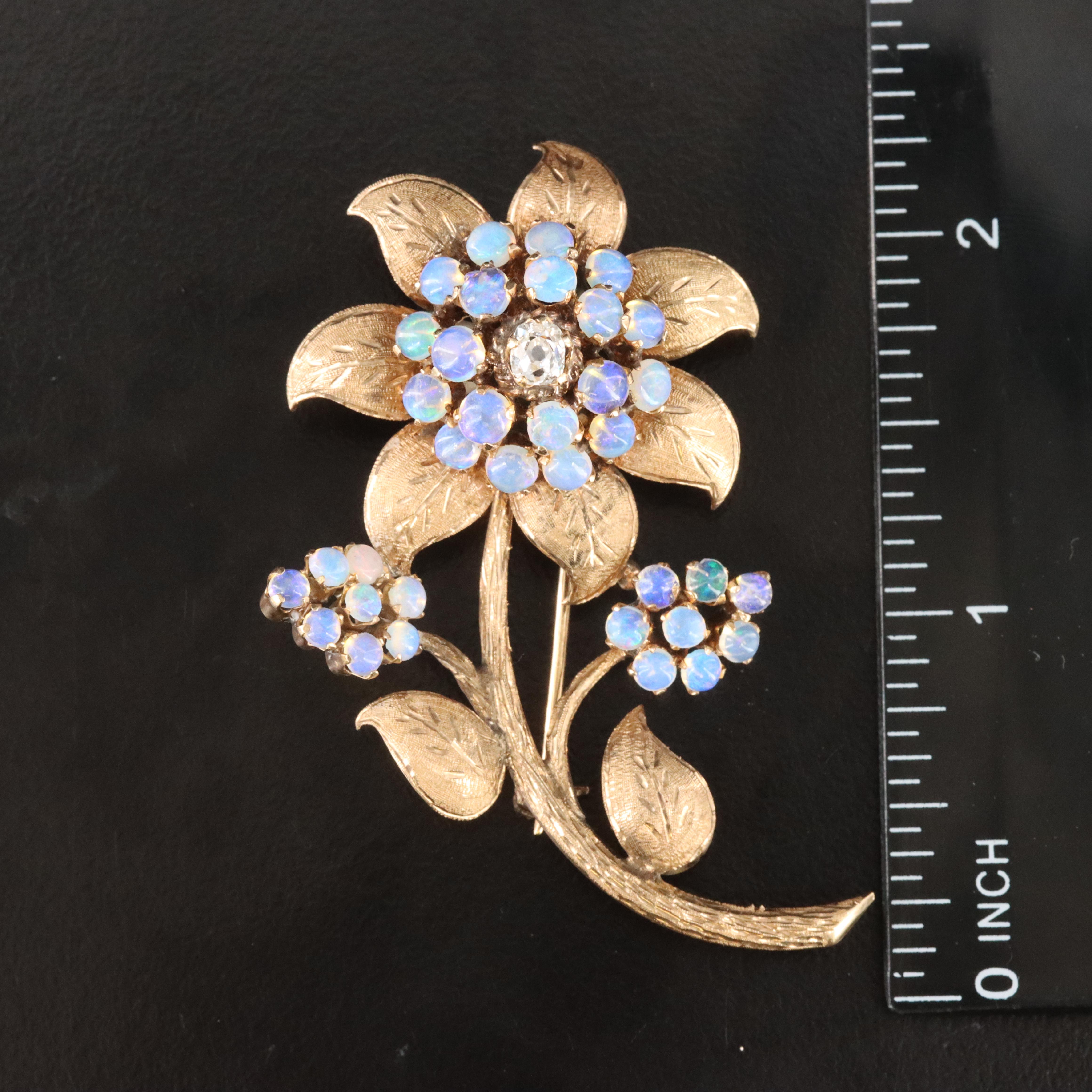 10K Old Mine Cut Diamond and Opal Flower Brooch