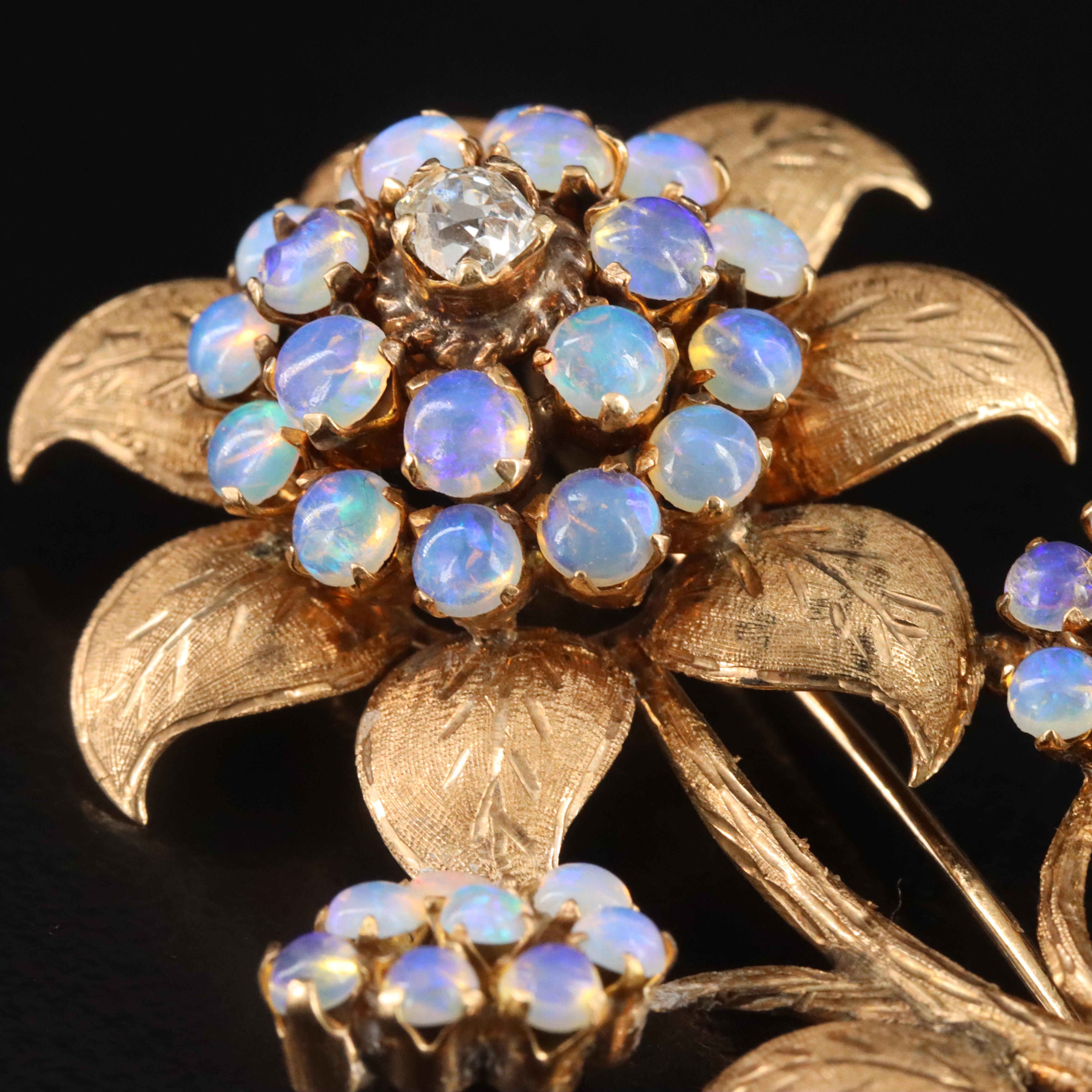 10K Old Mine Cut Diamond and Opal Flower Brooch