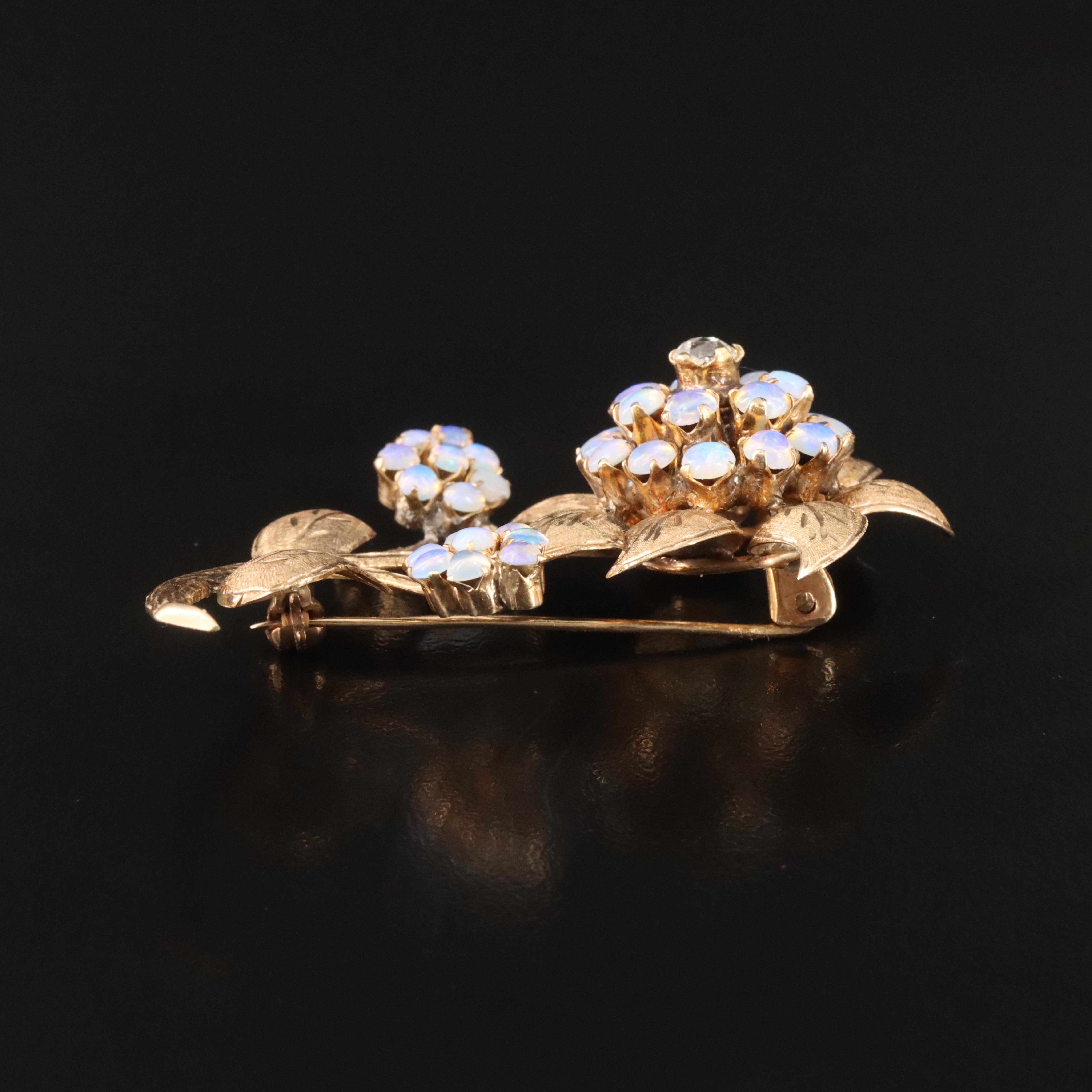 10K Old Mine Cut Diamond and Opal Flower Brooch