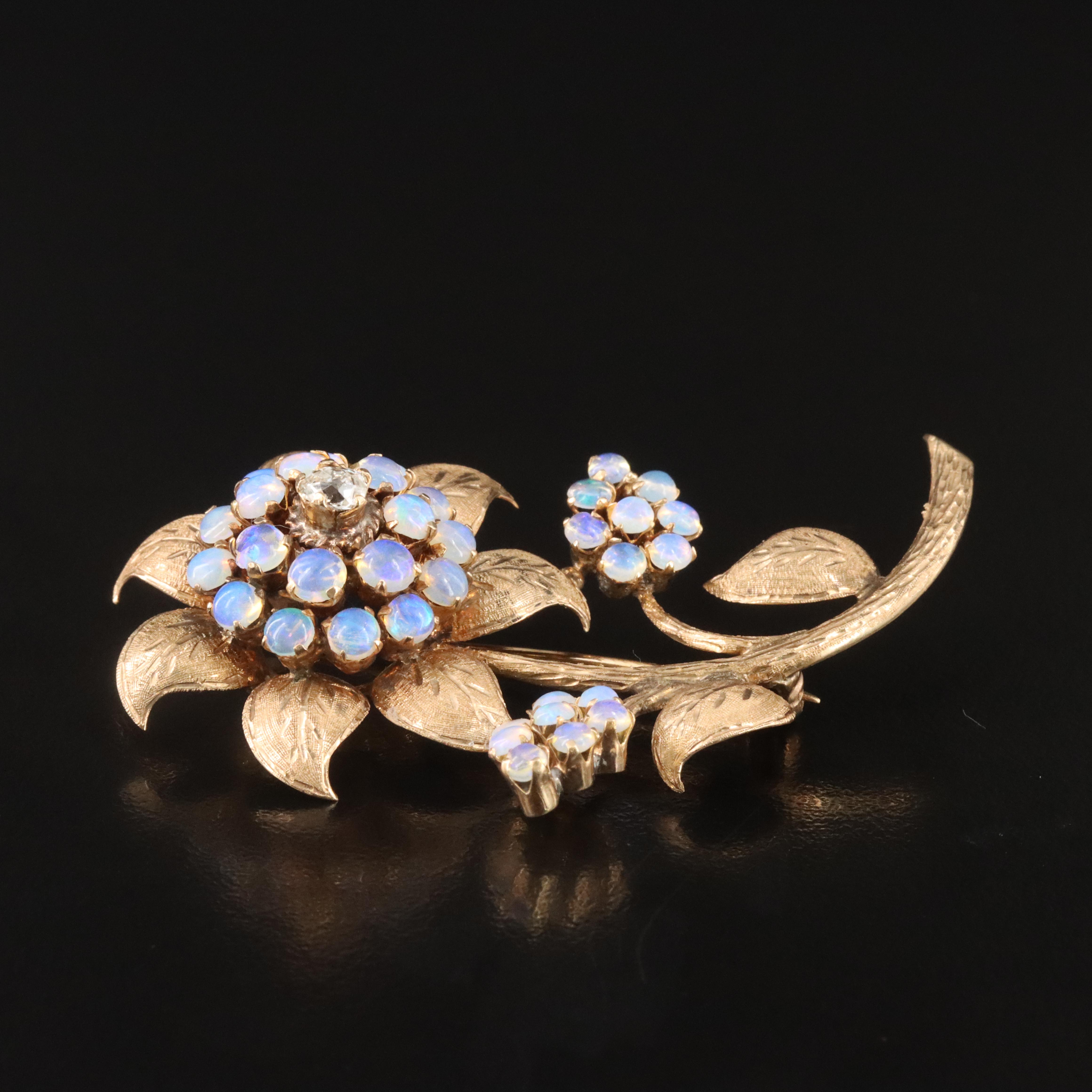 10K Old Mine Cut Diamond and Opal Flower Brooch