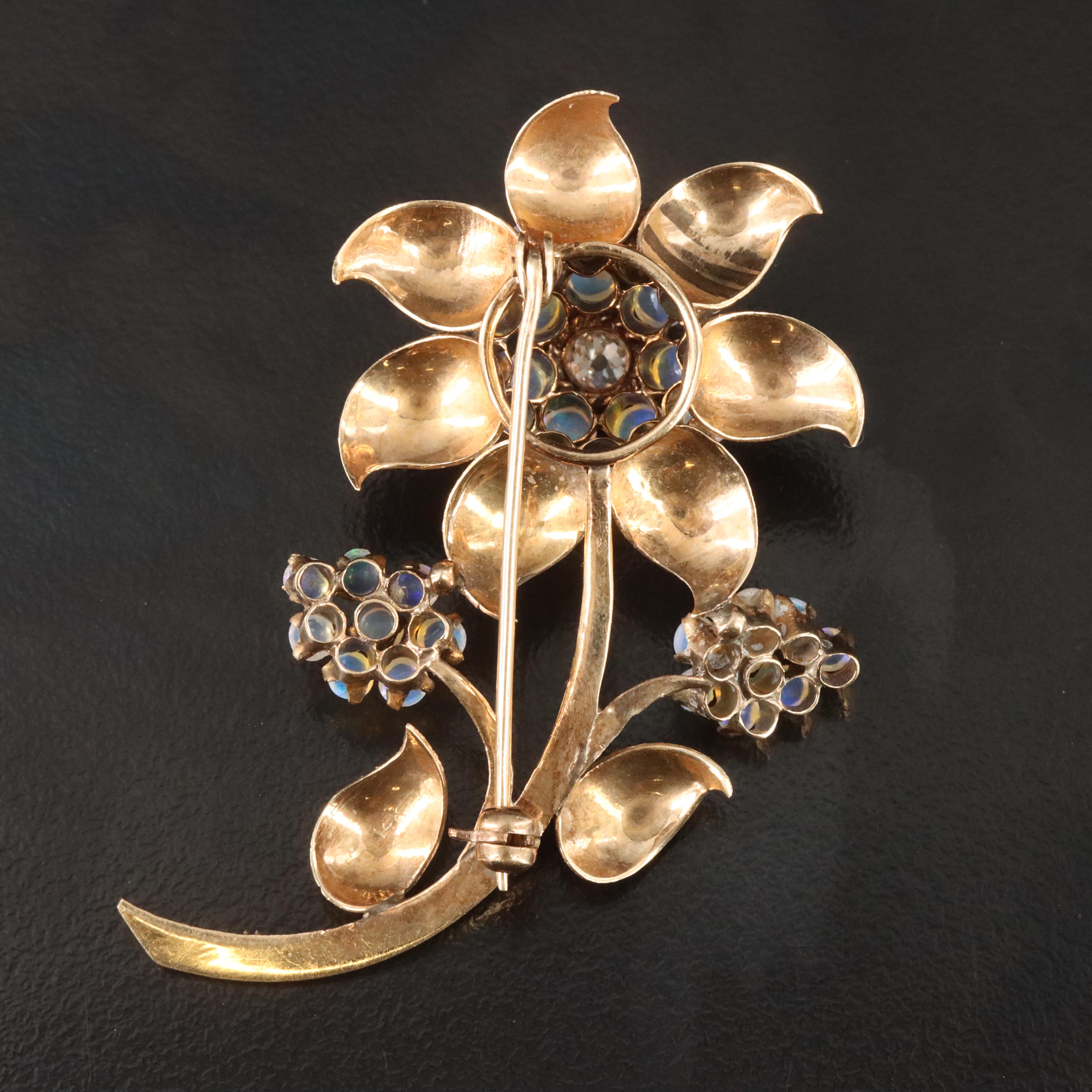 10K Old Mine Cut Diamond and Opal Flower Brooch