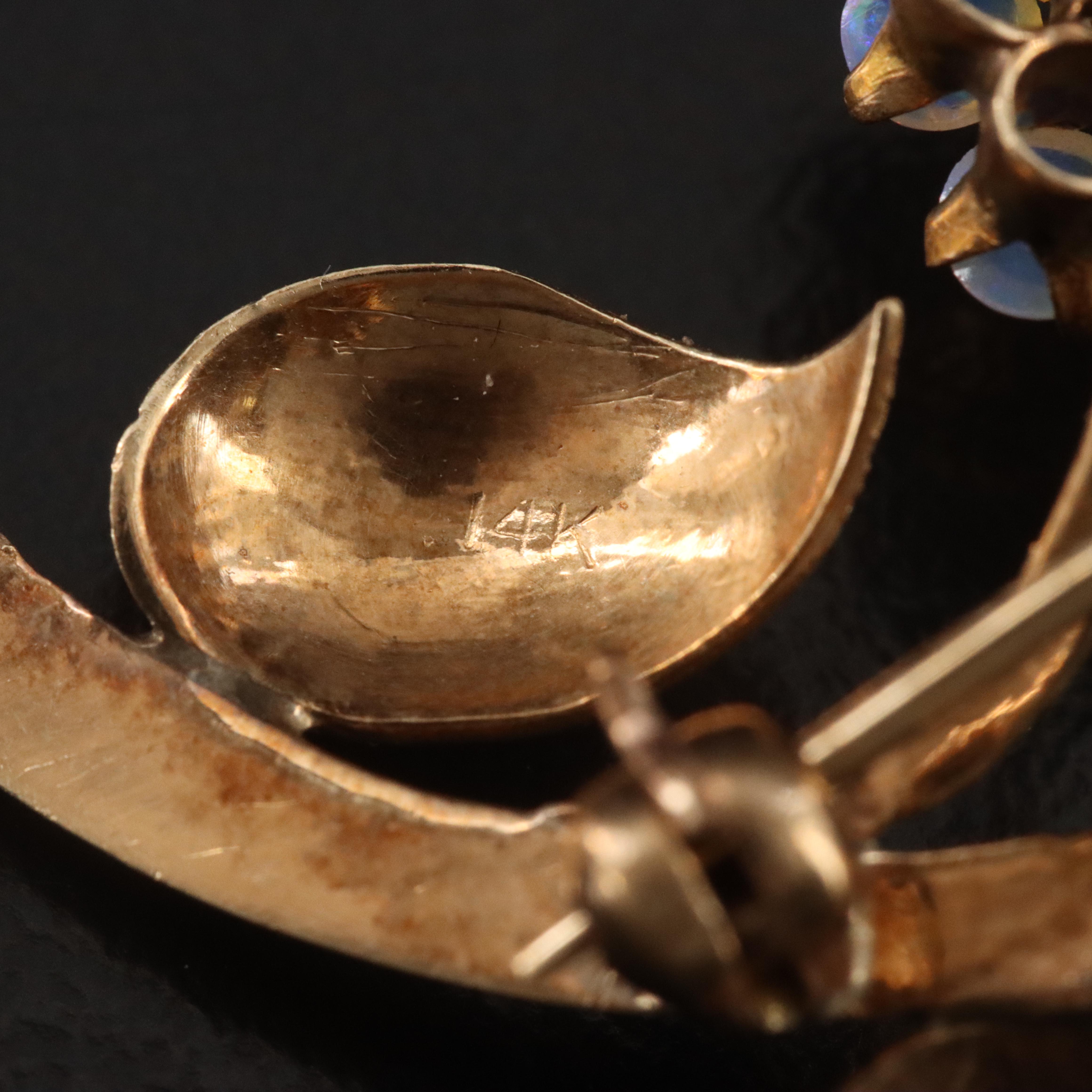 10K Old Mine Cut Diamond and Opal Flower Brooch