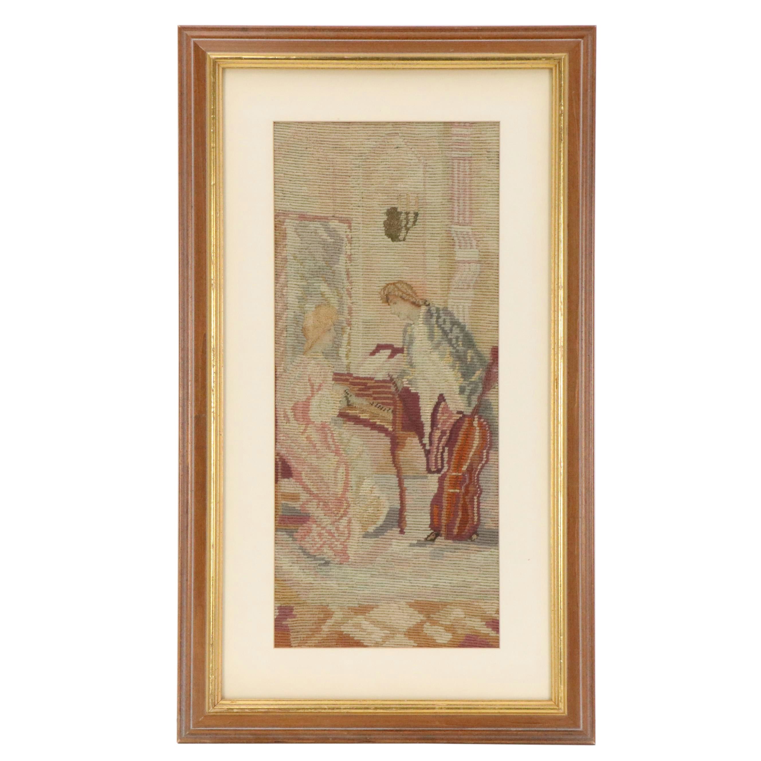 Victorian Needlework Panel of Lady at Piano with Cellist in Interior Scene