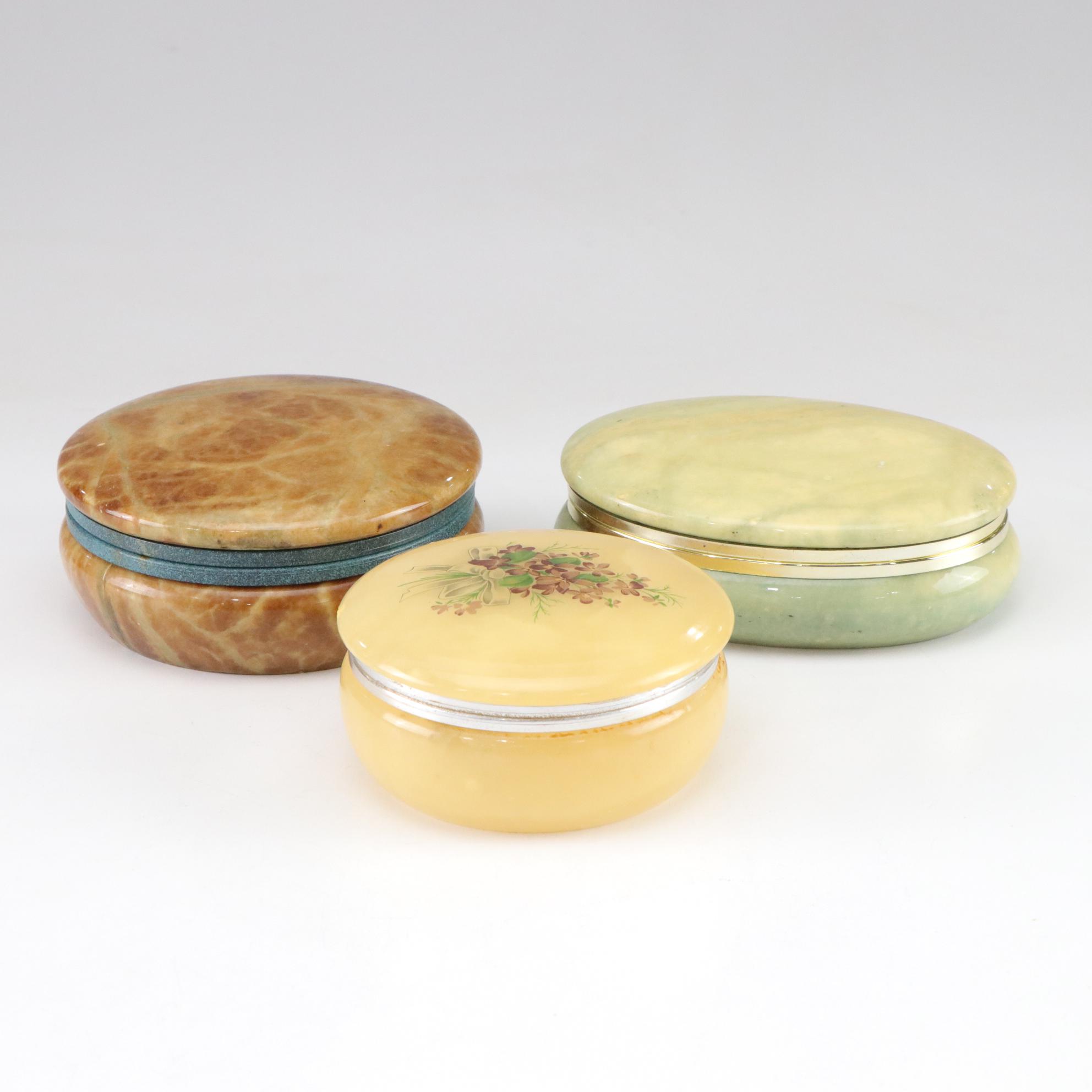 Italian Alabaster Hand-Carved Vanity Boxes Featuring Violet Bouquet Motif