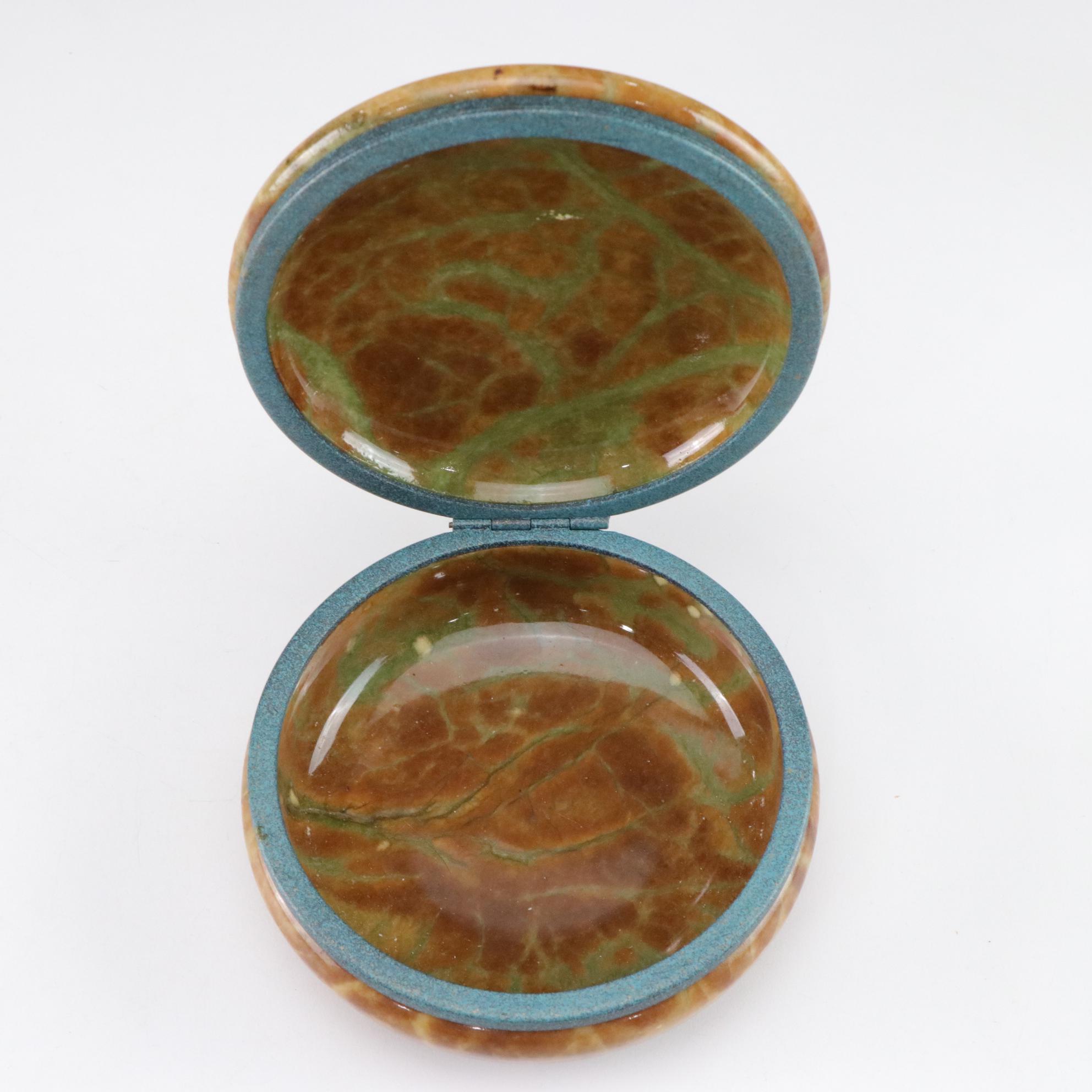 Italian Alabaster Hand-Carved Vanity Boxes Featuring Violet Bouquet Motif