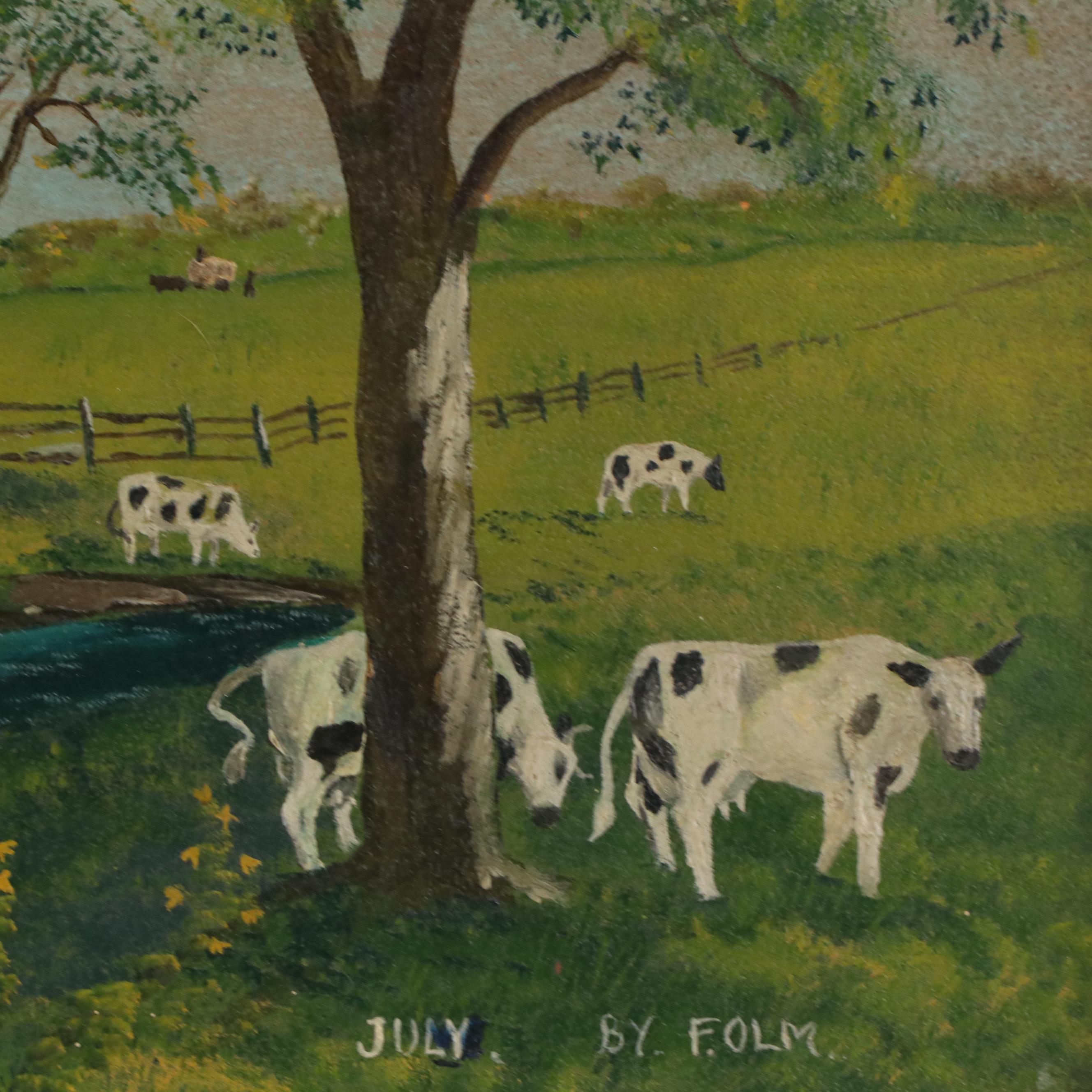 American Folk Art Oil on Board of Farmstead with Cows, 1930