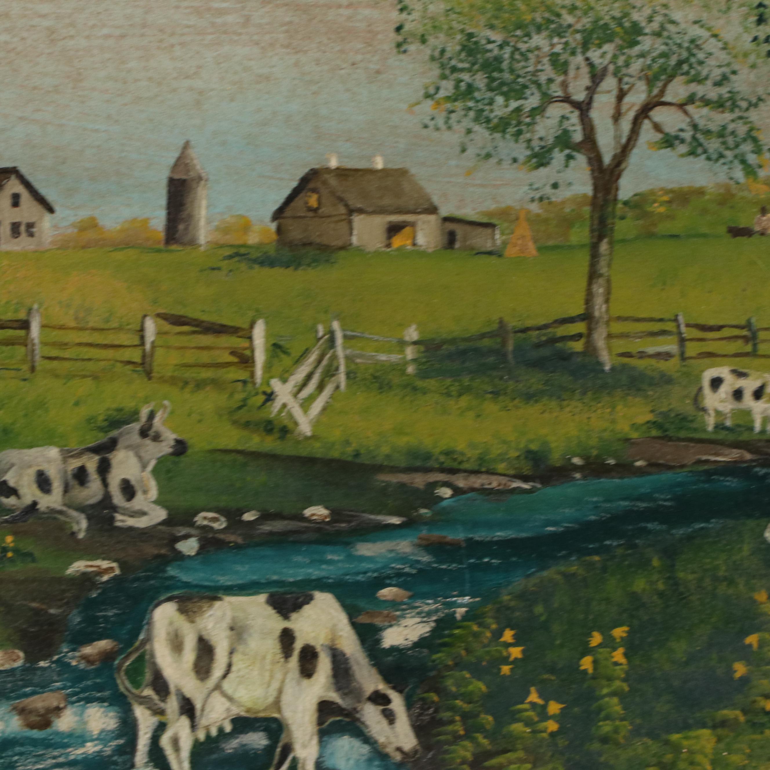 American Folk Art Oil on Board of Farmstead with Cows, 1930