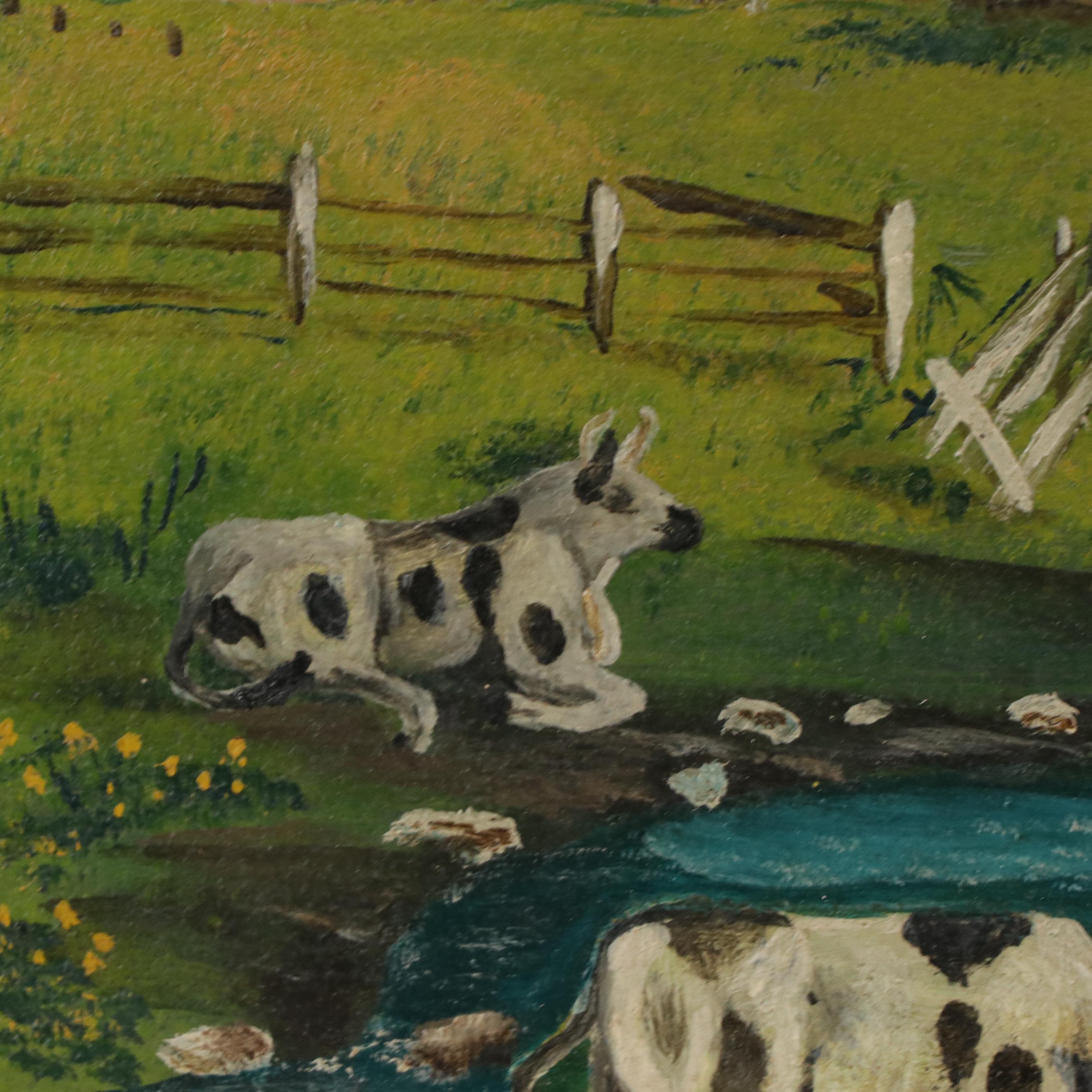 American Folk Art Oil on Board of Farmstead with Cows, 1930