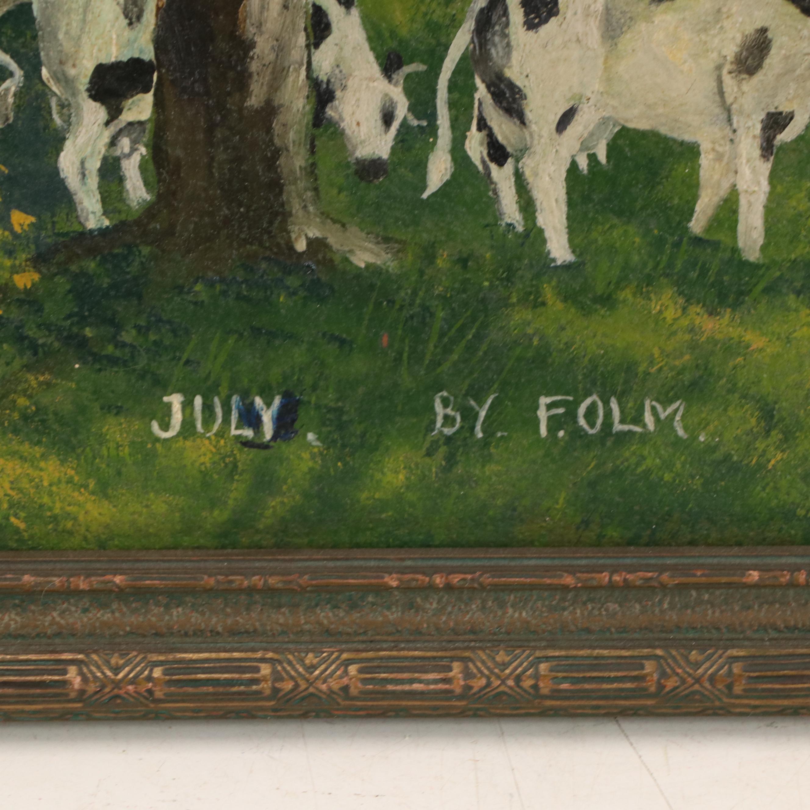 American Folk Art Oil on Board of Farmstead with Cows, 1930