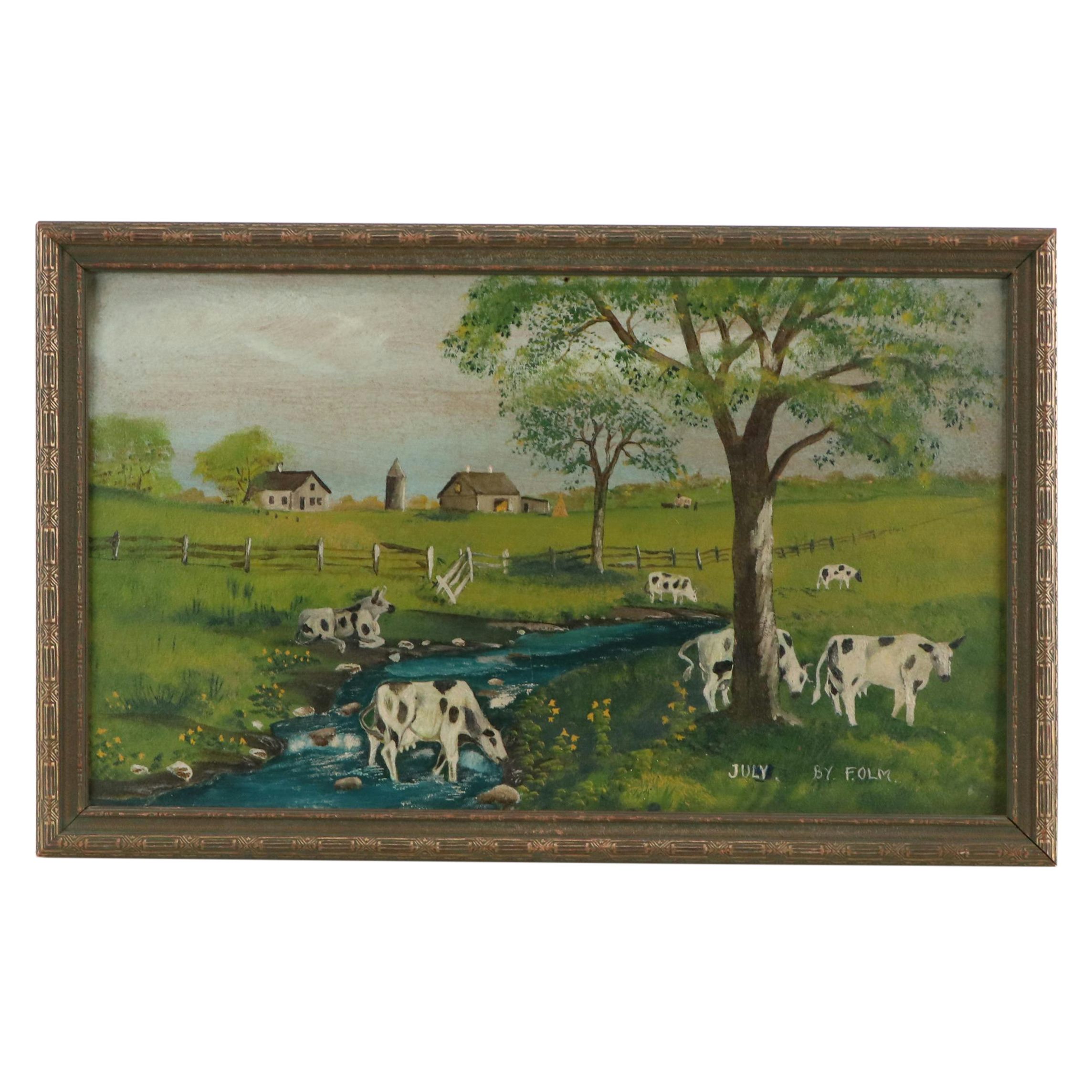 American Folk Art Oil on Board of Farmstead with Cows, 1930