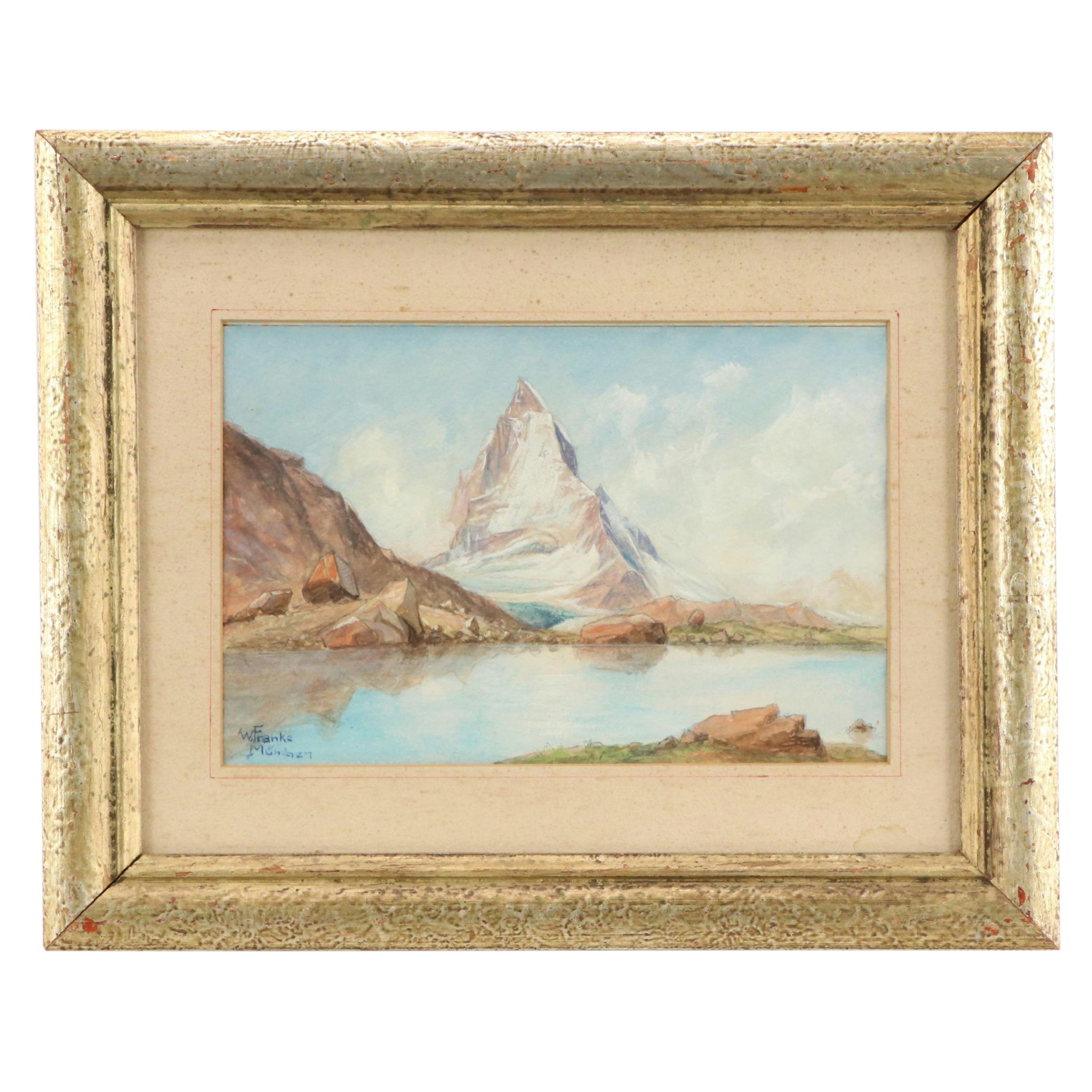 W. Franke Watercolor Painting "The Matterhorn and Reef Lake", Early 20th Century