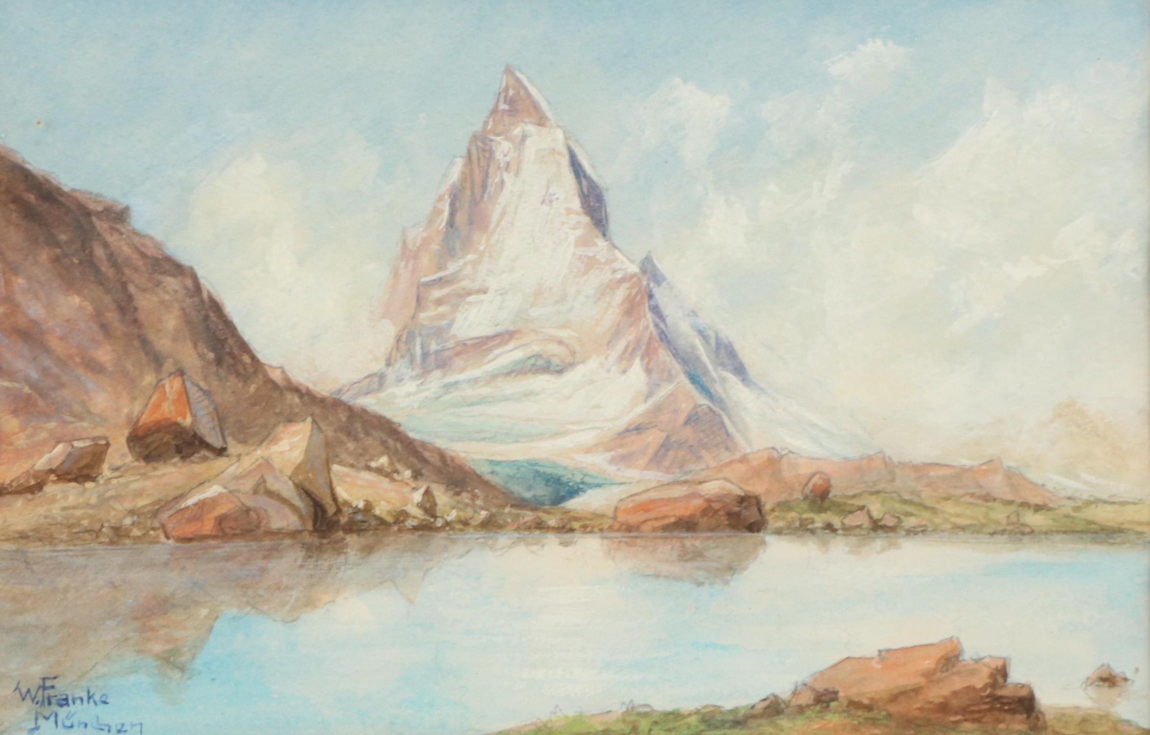 W. Franke Watercolor Painting "The Matterhorn and Reef Lake", Early 20th Century