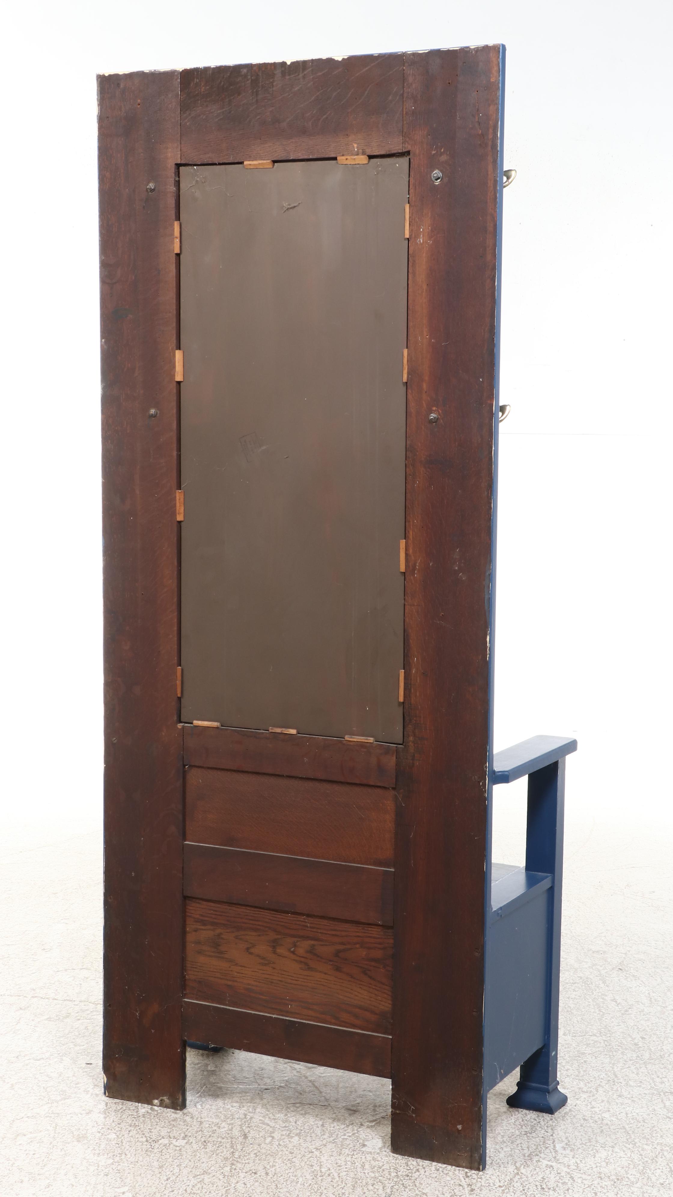 Late Victorian Painted Tiger Oak Hall Tree with Storage Seat