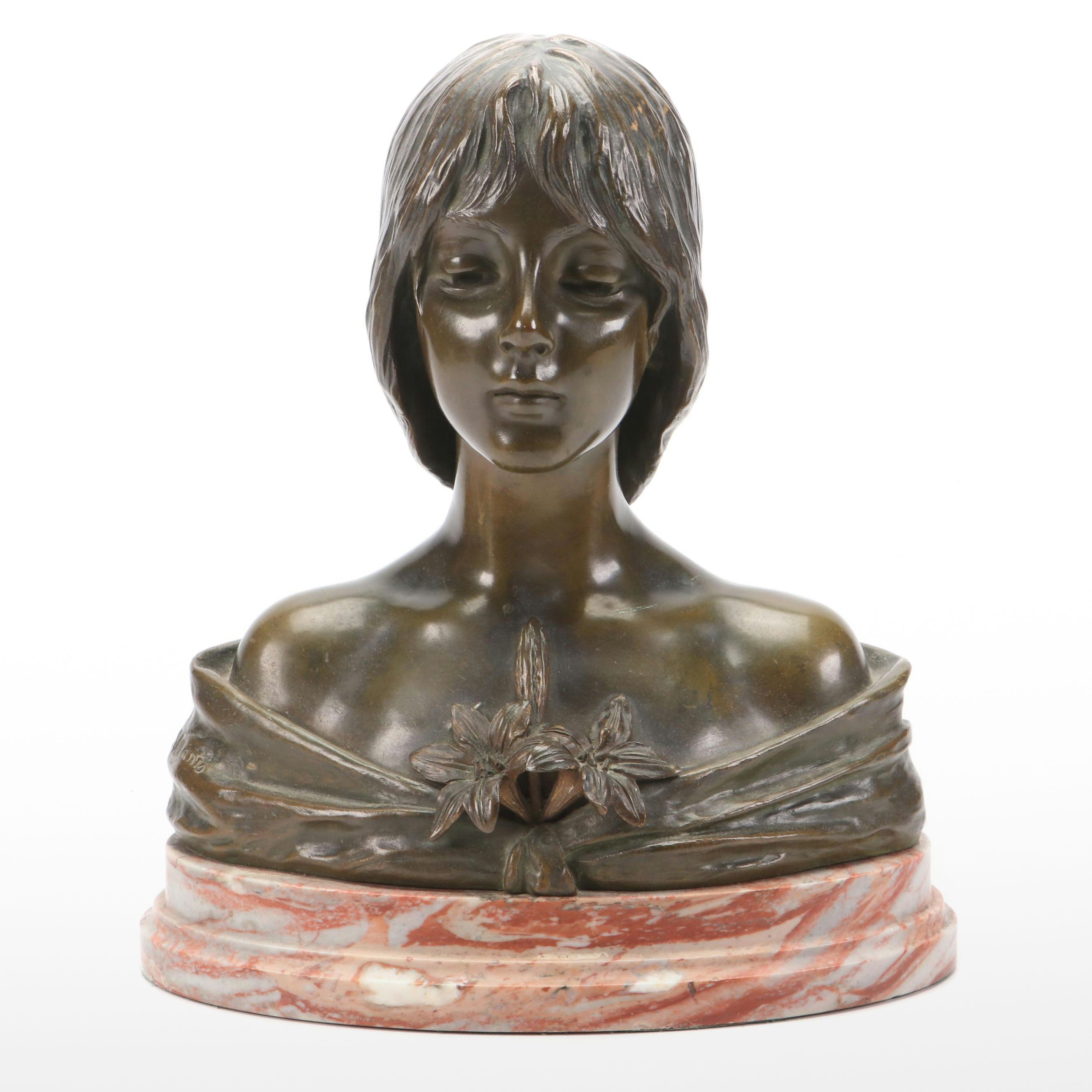Bronze Bust of Young Girl "Le Lis" on Marble Base After Emmanuel Villanis