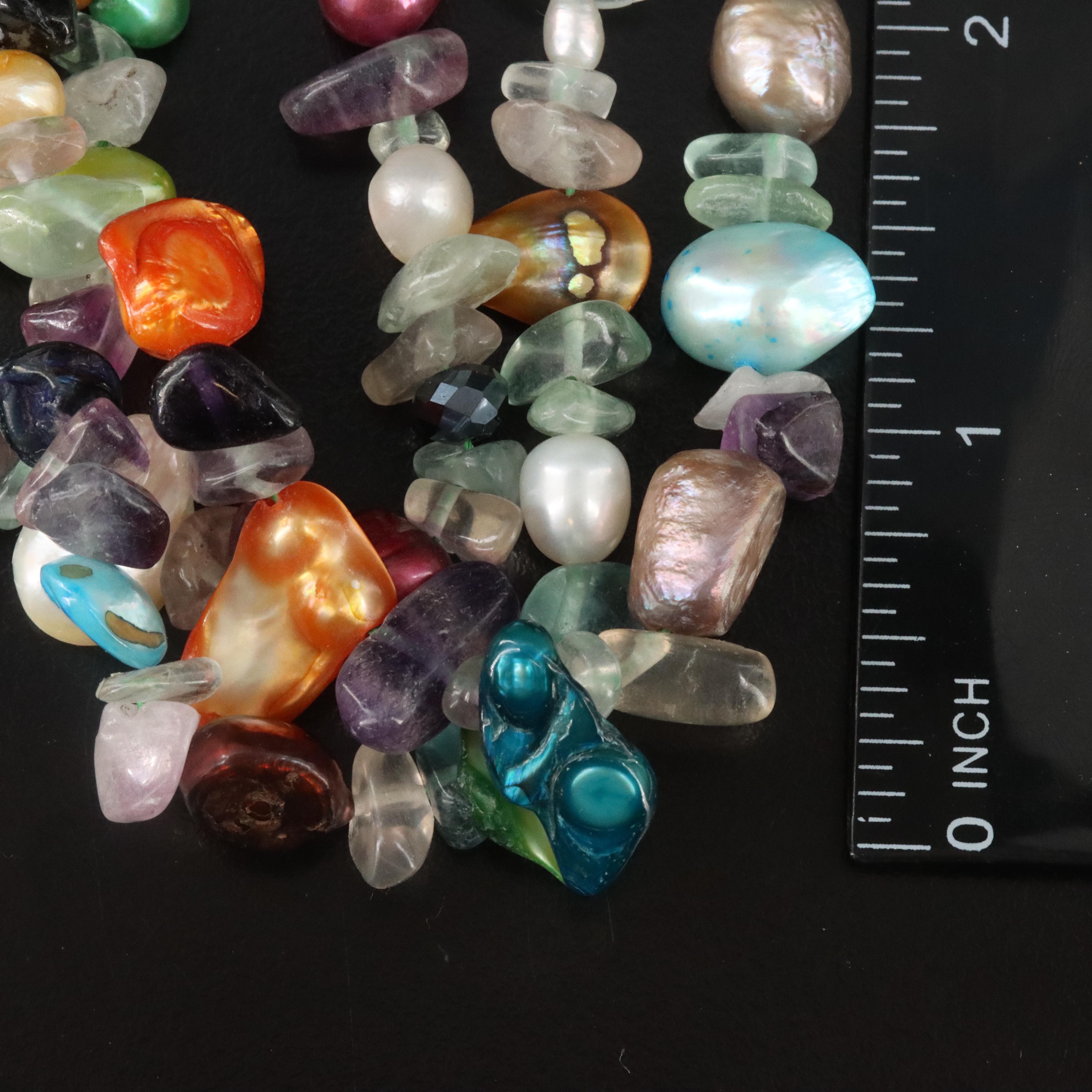 Triple Tiered Necklace Featuring Fluorite, Pearl, and Black Onyx