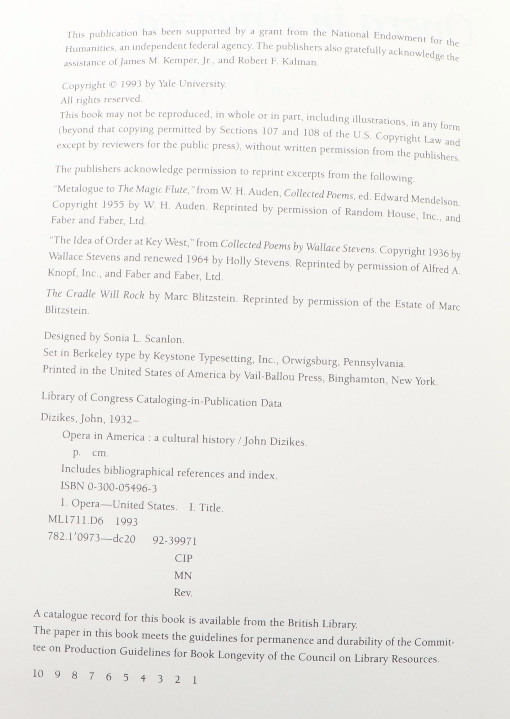 "Opera in America: A Cultural History" by John Dizikes and More Books